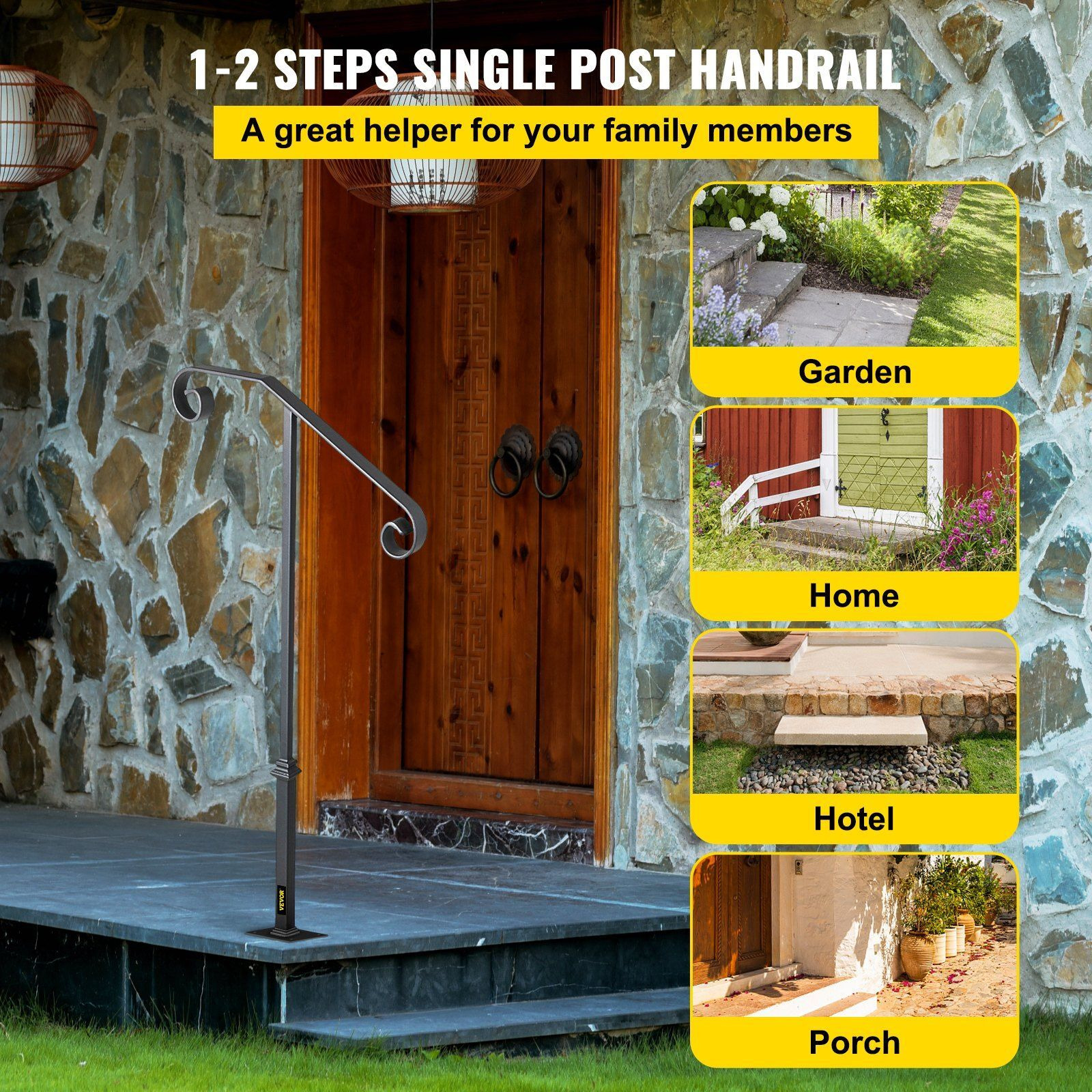Vevor Handrails For Outdoor Steps  Fit 1 Or 2 Steps Outdoor Stair Railing  Single Post Wrought Iron Handrail  Gray Transitional Porch Railings For Concrete Steps Or Wooden Stairs With Base