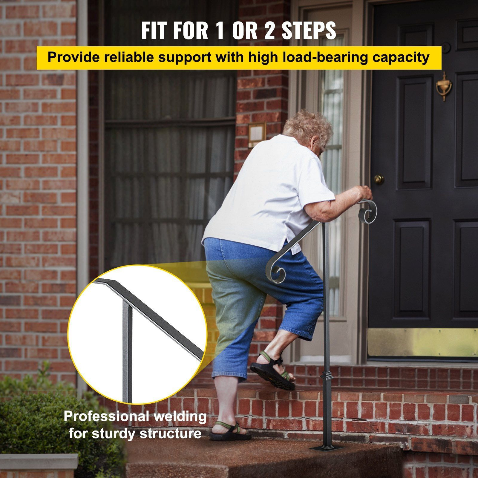 Vevor Handrails For Outdoor Steps  Fit 1 Or 2 Steps Outdoor Stair Railing  Single Post Wrought Iron Handrail  Gray Transitional Porch Railings For Concrete Steps Or Wooden Stairs With Base