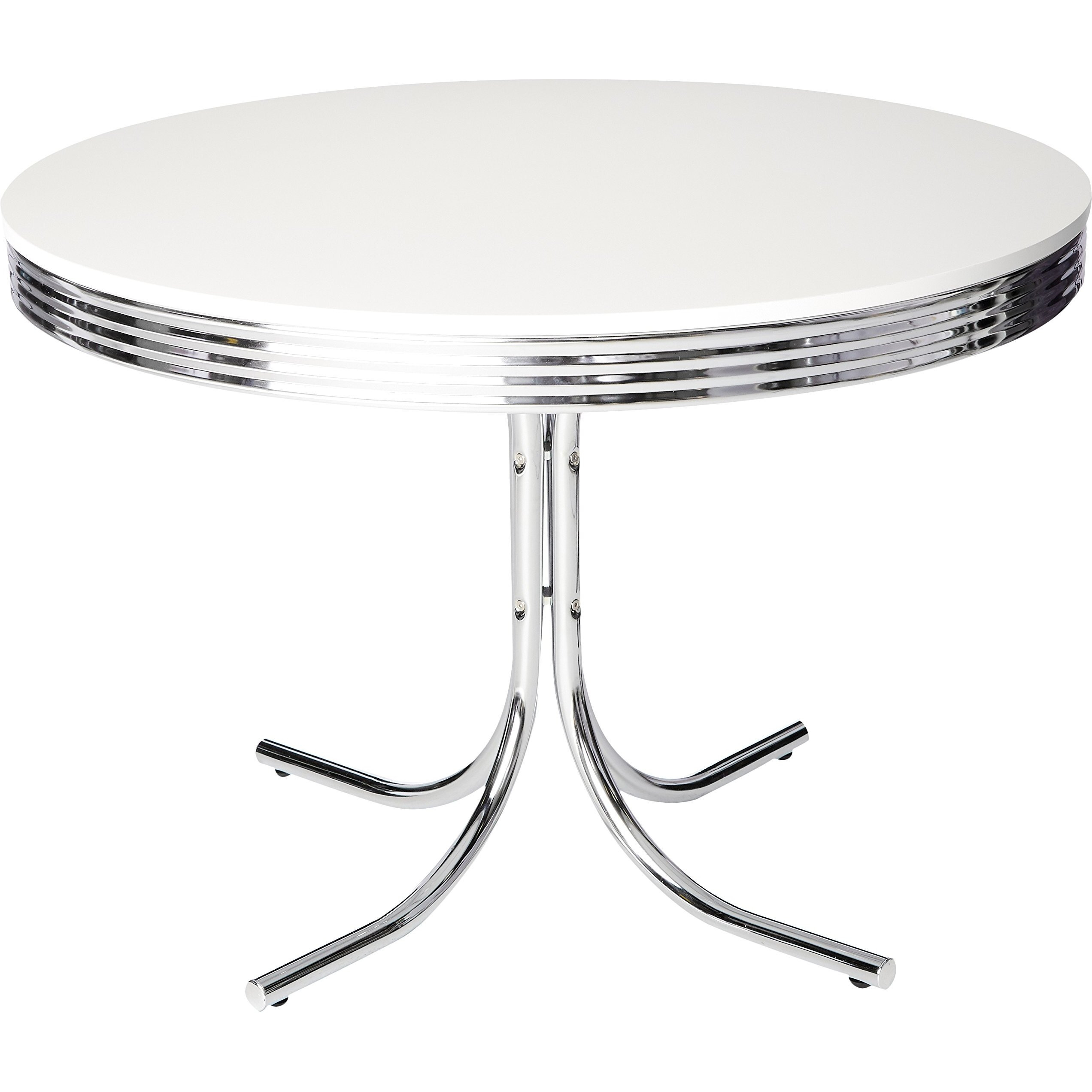 Coaster Home Furnishings Retro 1950S Soda Fountain Diner Round Dining Room Table White Laminate Top Sturdy Steel Chrome Base 2388