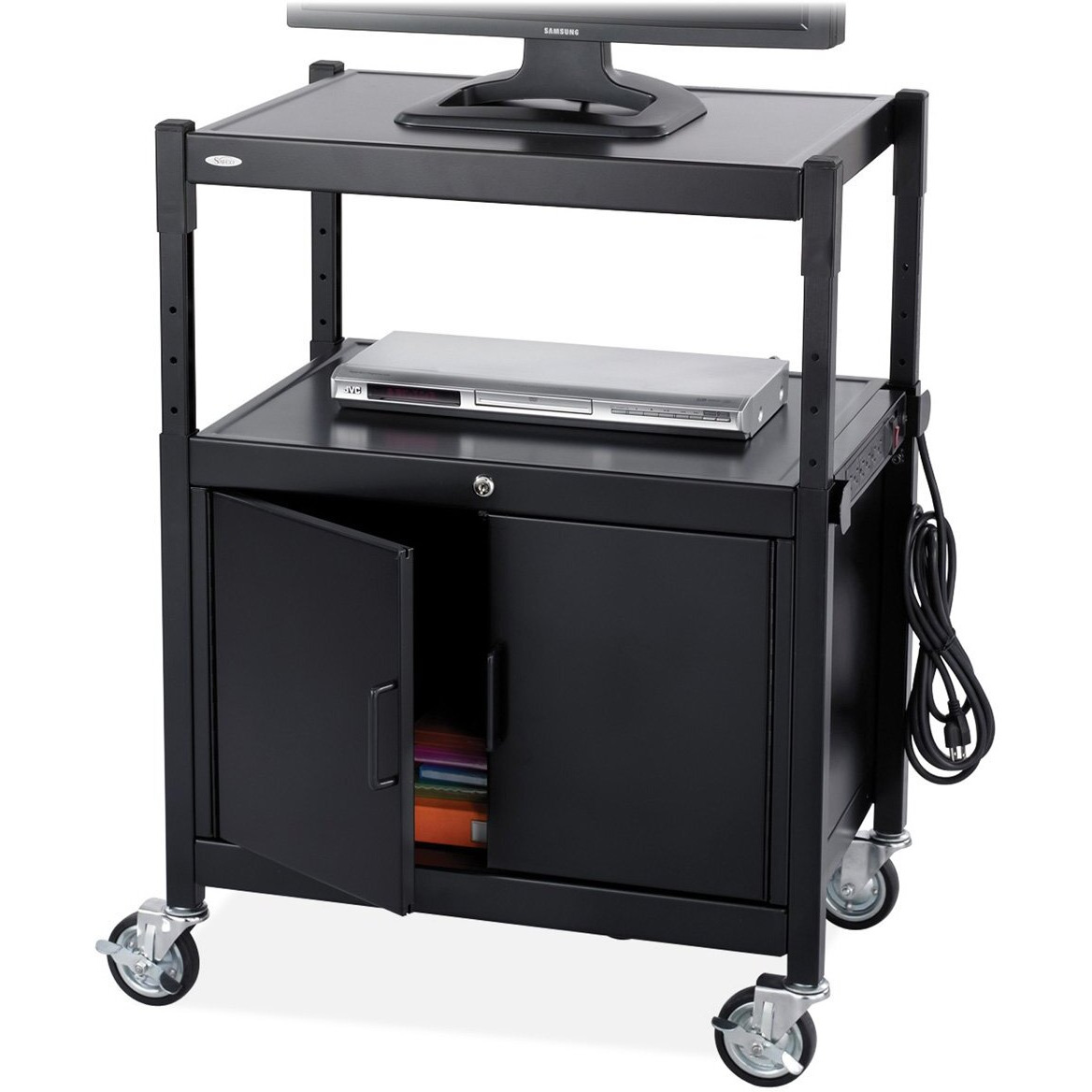 Safco Products 8943Bl Steel Adjustable Av Cart With Locking Cabinet  Black