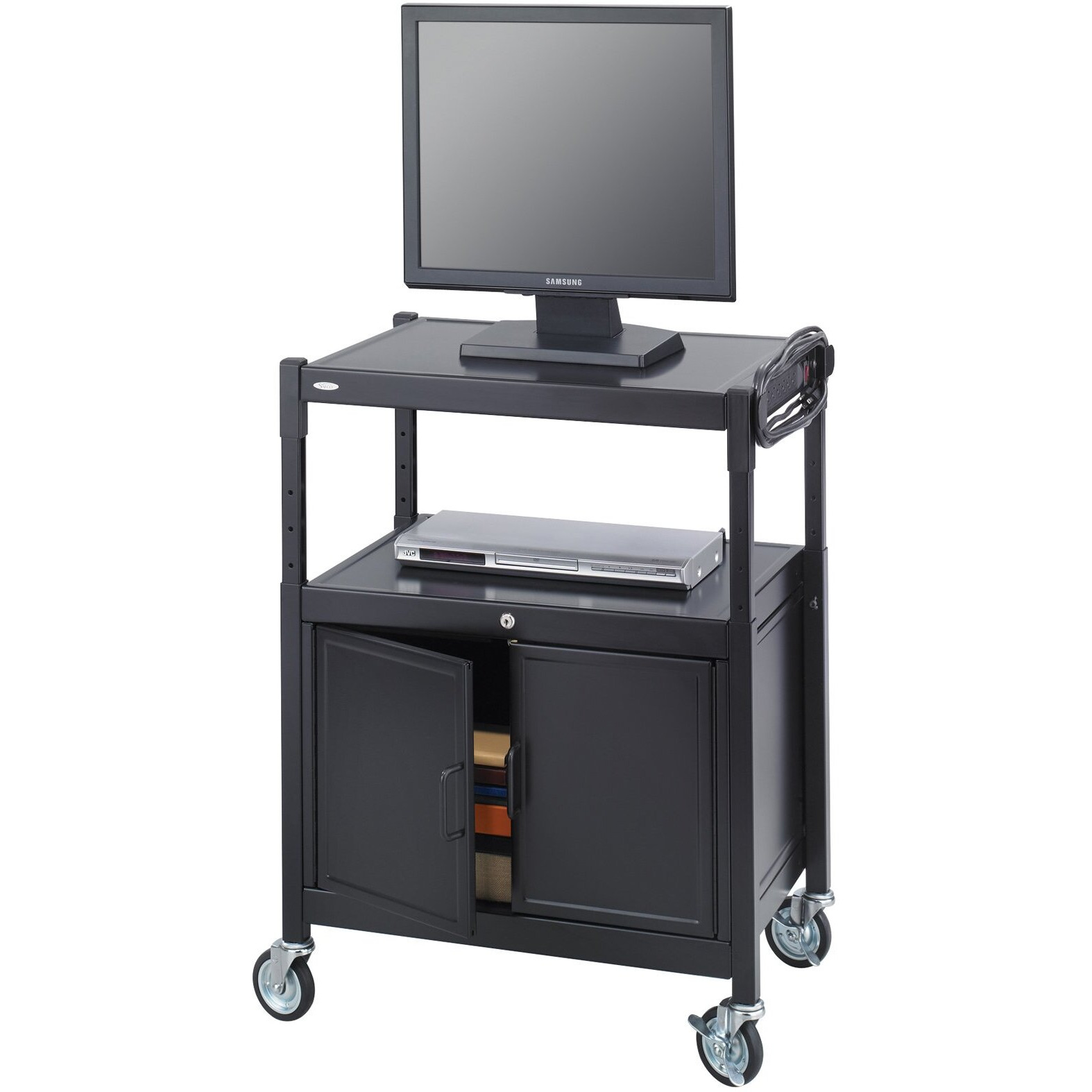 Safco Products 8943Bl Steel Adjustable Av Cart With Locking Cabinet  Black