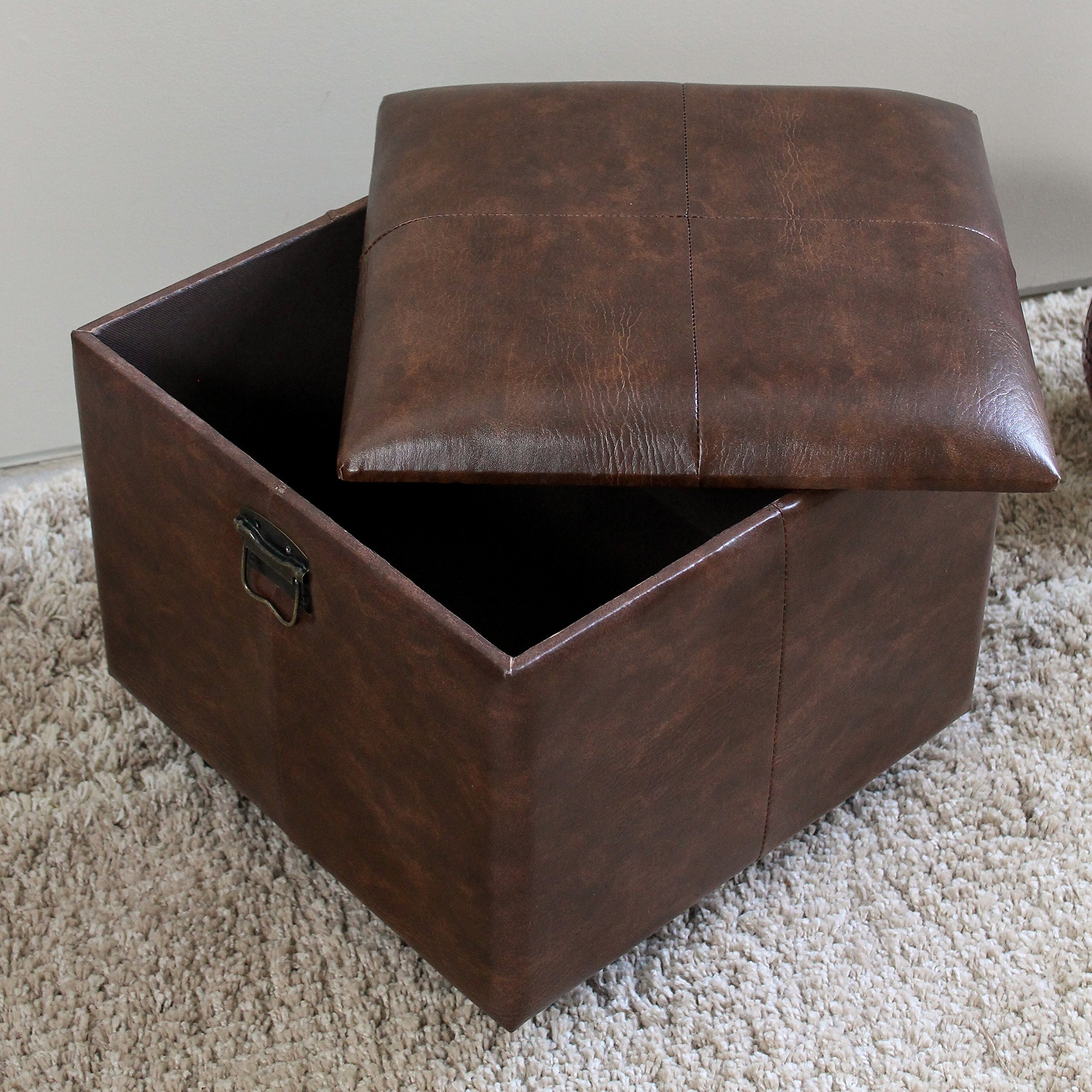 Square Faux Leather Ottoman W/Lid