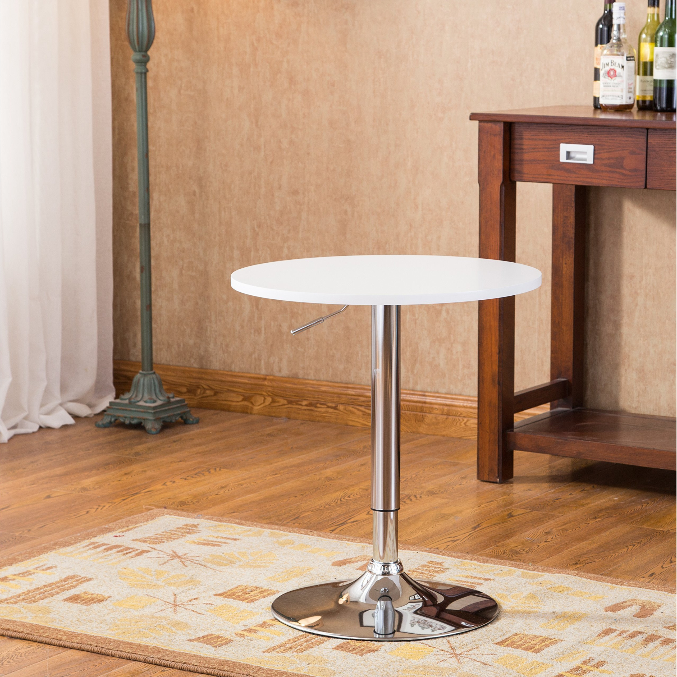 Roundhill Furniture Adjustable Height Wood And Chrome Metal Bar Table  White