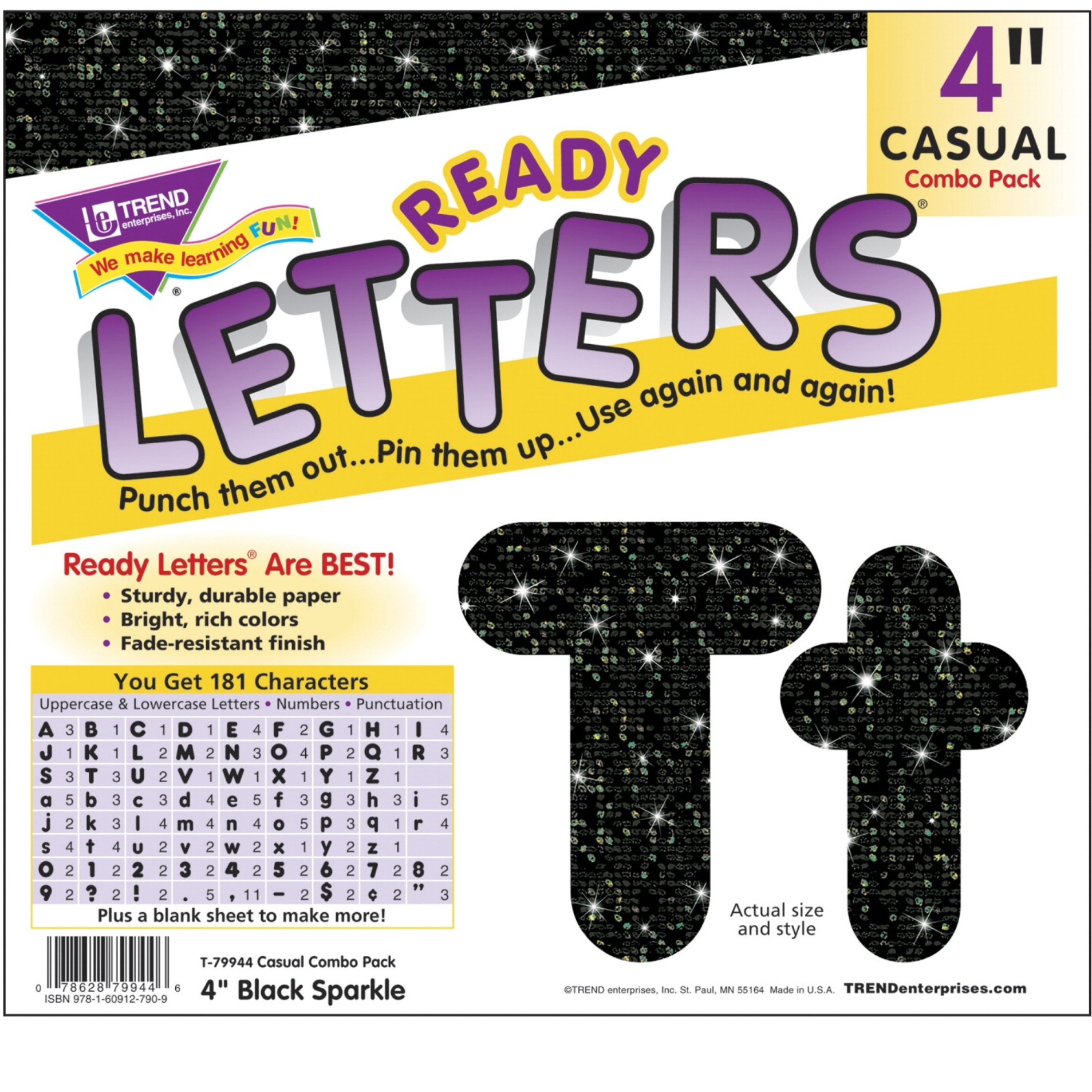 Trend Enterprises Black Sparkle Font Ready Letters  4 Inches  182 Pieces