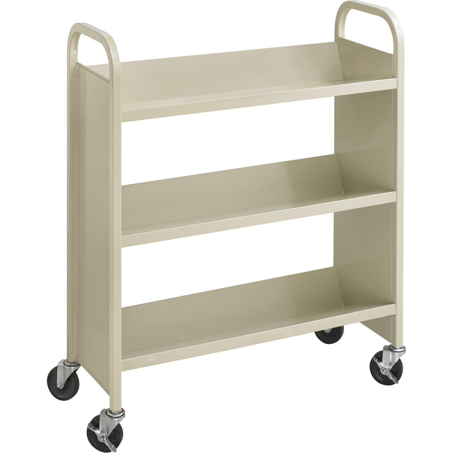 Safco Products Single-Sided Library Book Cart 5358Sa Sand  Heavy Duty  Swivel Wheels  3 Slanted Shelves