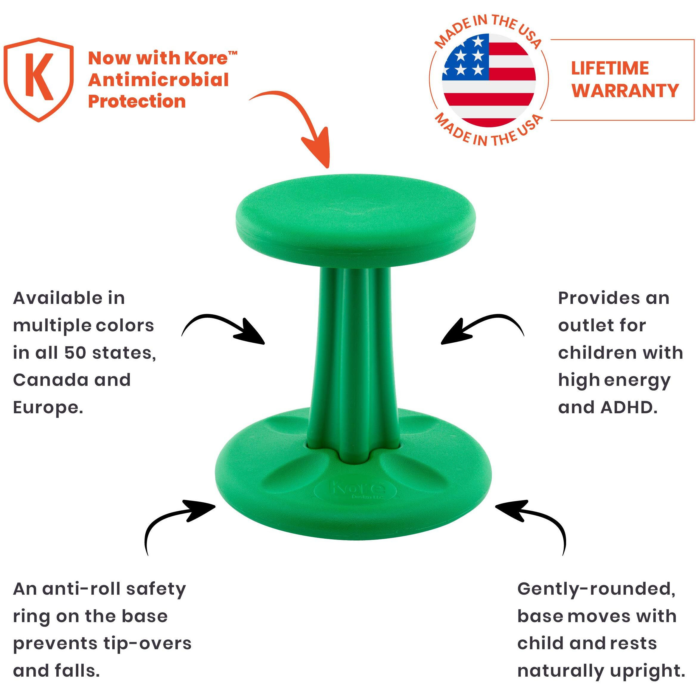 Kore Kids Pre-Teen Wobble Chair - Flexible Seating Stool For Classroom  Home & School  Add/Adhd - Made In The Usa - Age 10-11  Grade 5-6  Green (18.7In)
