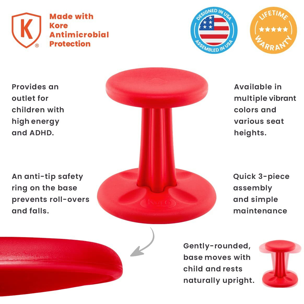 Kore Kids Wobble Chair - Flexible Seating Stool For Classroom & Elementary School  Add/Adhd - Made In The Usa - Age 6-7  Grade 1-2  Red (14In)