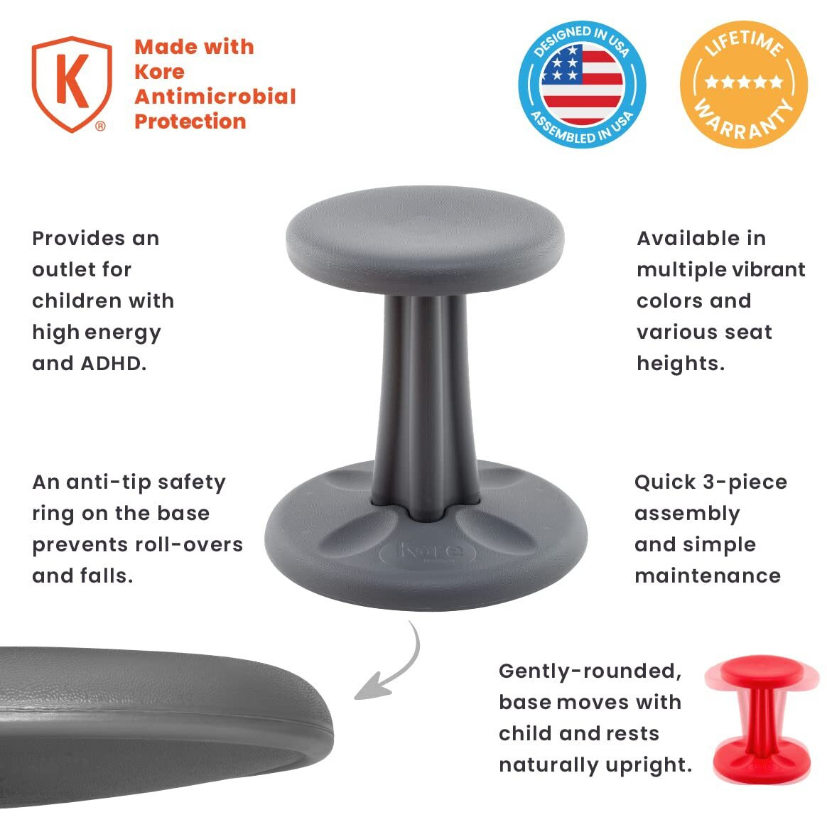 Kore Kids Pre-Teen Wobble Chair - Flexible Seating Stool For Classroom  Home & School  Add/Adhd - Made In The Usa - Age 10-11  Grade 5-6  Grey (18.7In)