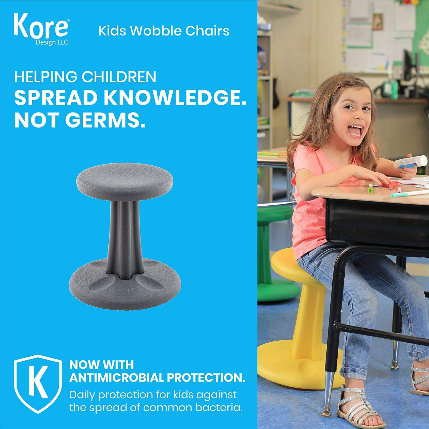 Kore Kids Pre-Teen Wobble Chair - Flexible Seating Stool For Classroom  Home & School  Add/Adhd - Made In The Usa - Age 10-11  Grade 5-6  Grey (18.7In)