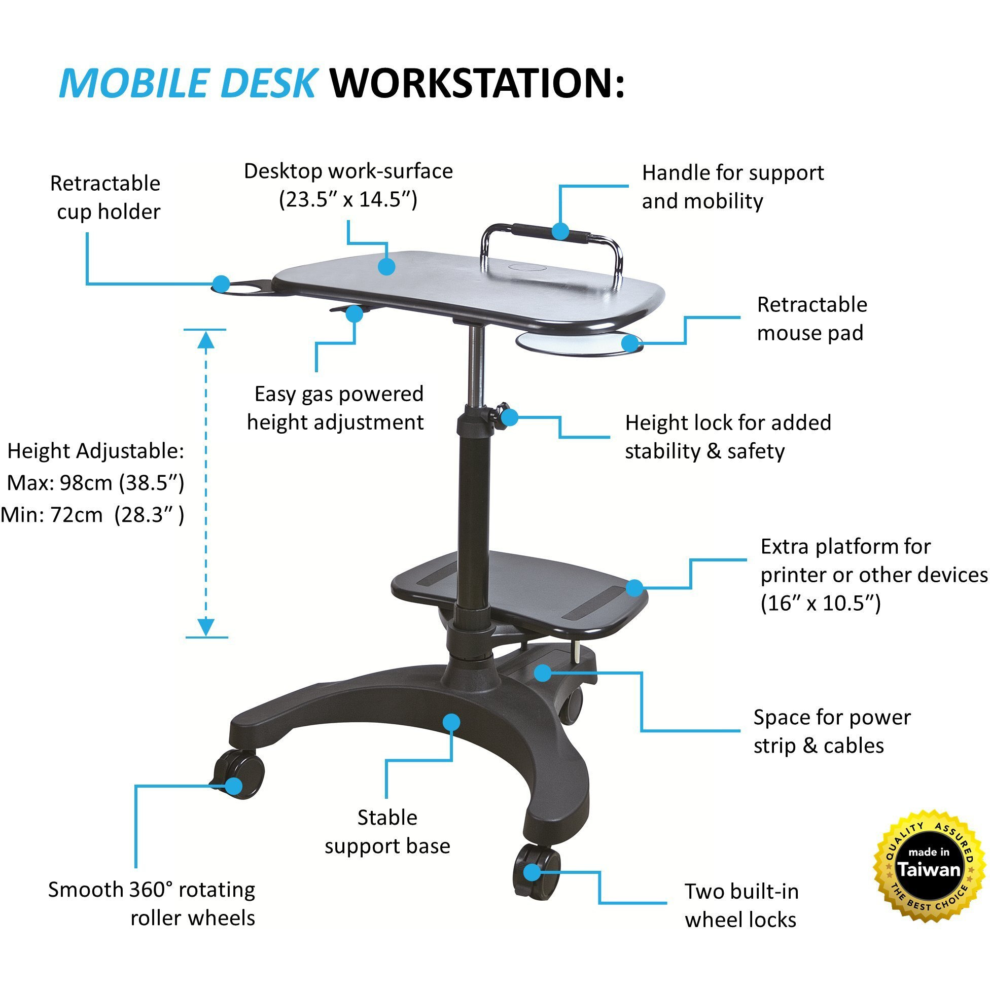 Aidata Ergonomic Sit-Stand Mobile Laptop Cart Work Station With Printer Shelf. With Built In Cup Holder And Mouse Pad. Black (Model Lpd009P)