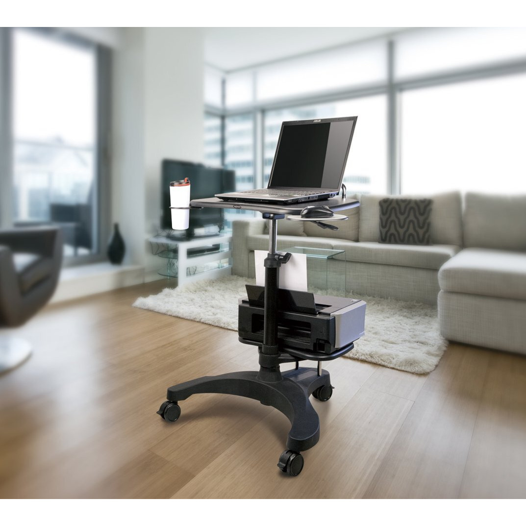 Aidata Ergonomic Sit-Stand Mobile Laptop Cart Work Station With Printer Shelf. With Built In Cup Holder And Mouse Pad. Black (Model Lpd009P)