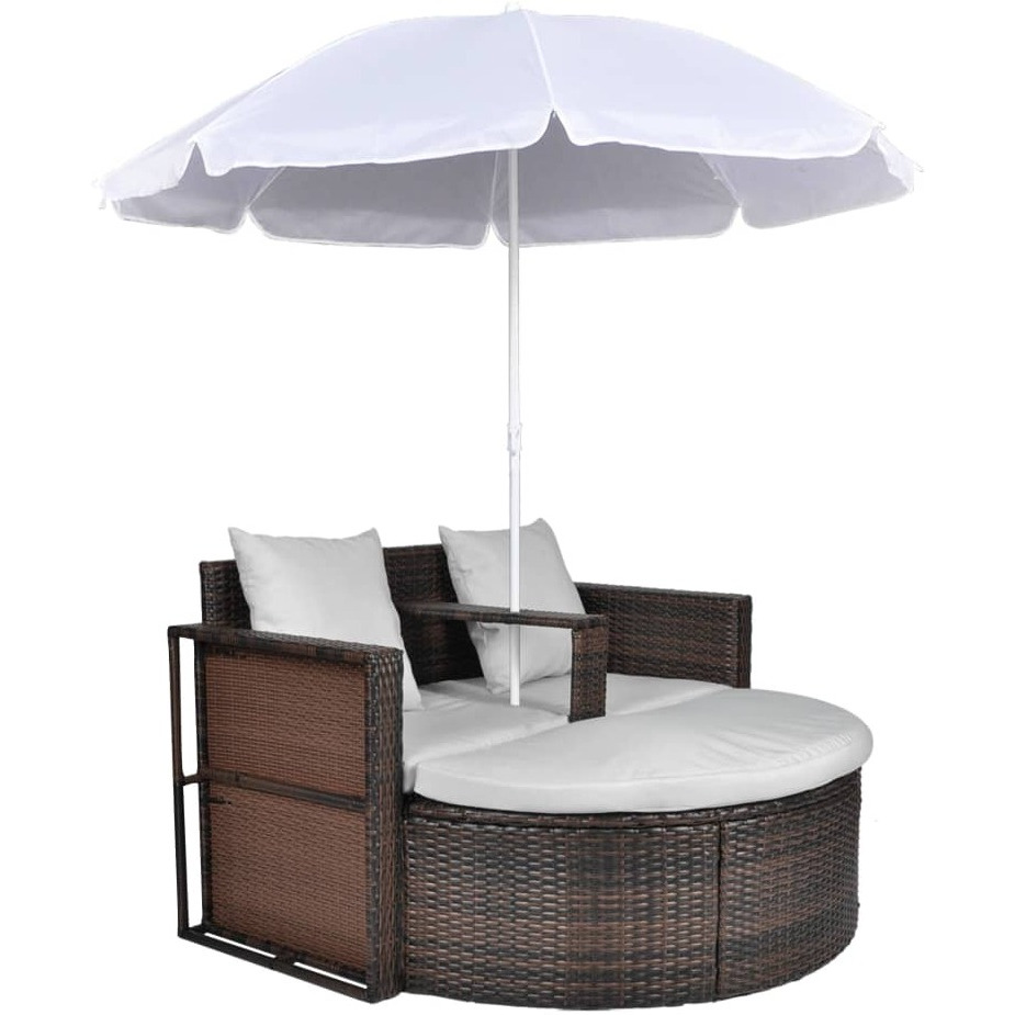 Vidaxl Patio Bed With Parasol Brown Poly Rattan