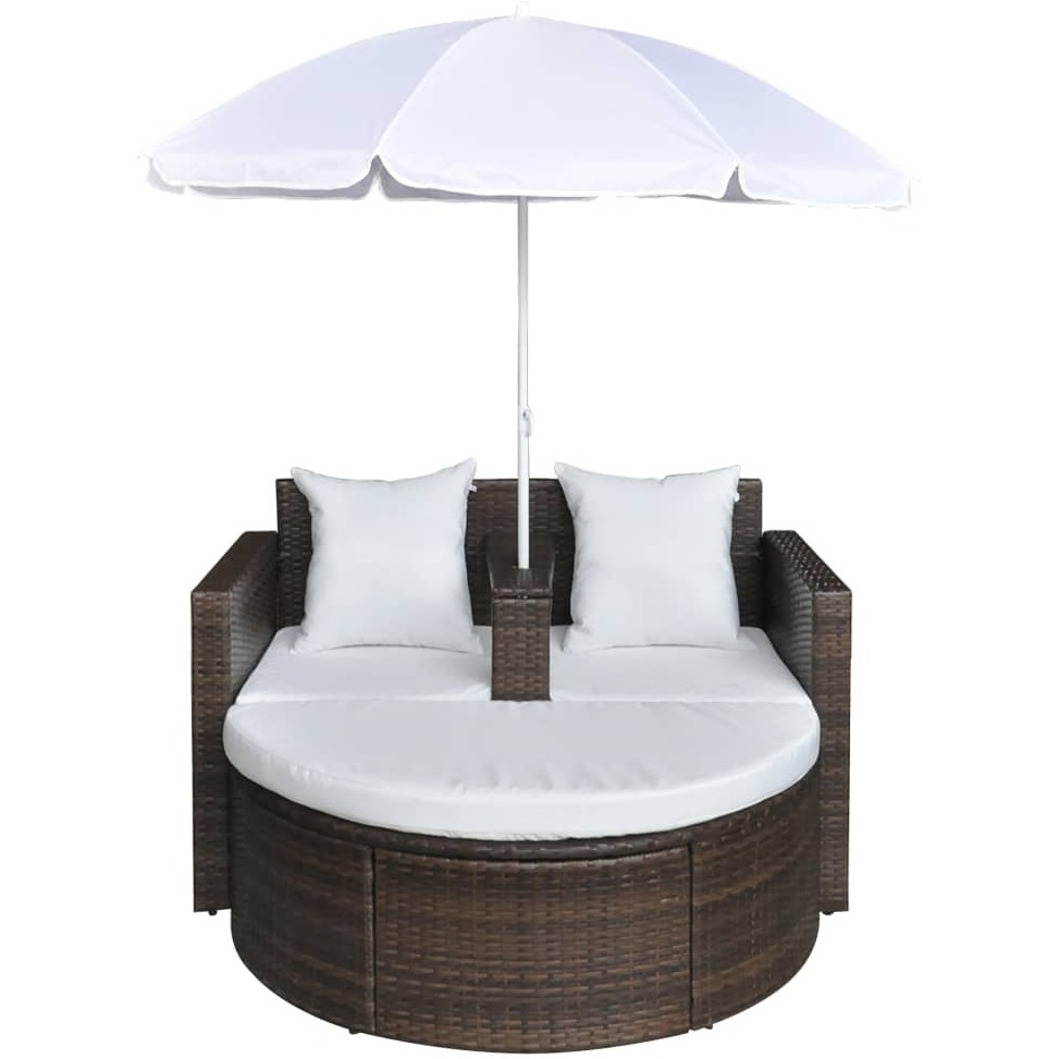 Vidaxl Patio Bed With Parasol Brown Poly Rattan