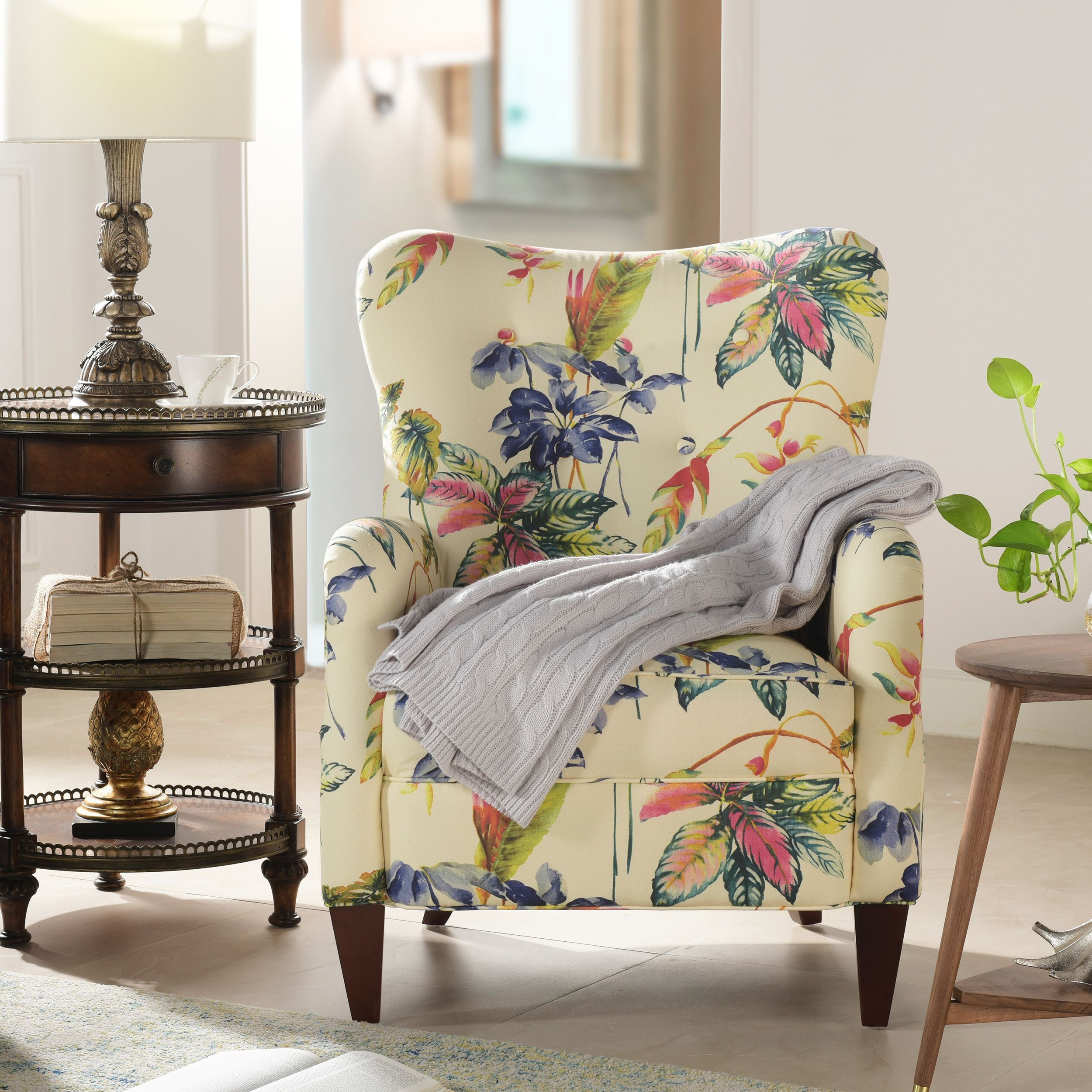 Paradise Upholstered Arm Chair  Off-White/Floral Printed On Cotton