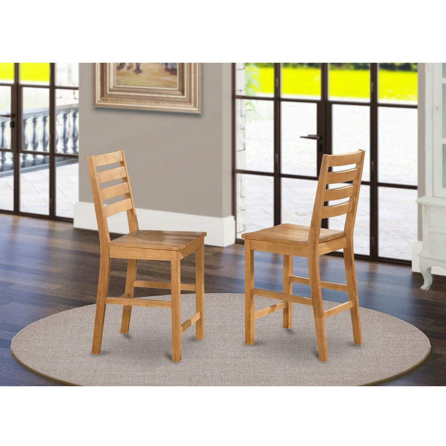 Caf  Pub  Counter  Height  With  Wood  Seat  -  Natural  Oak  Finish   Set  Of  2