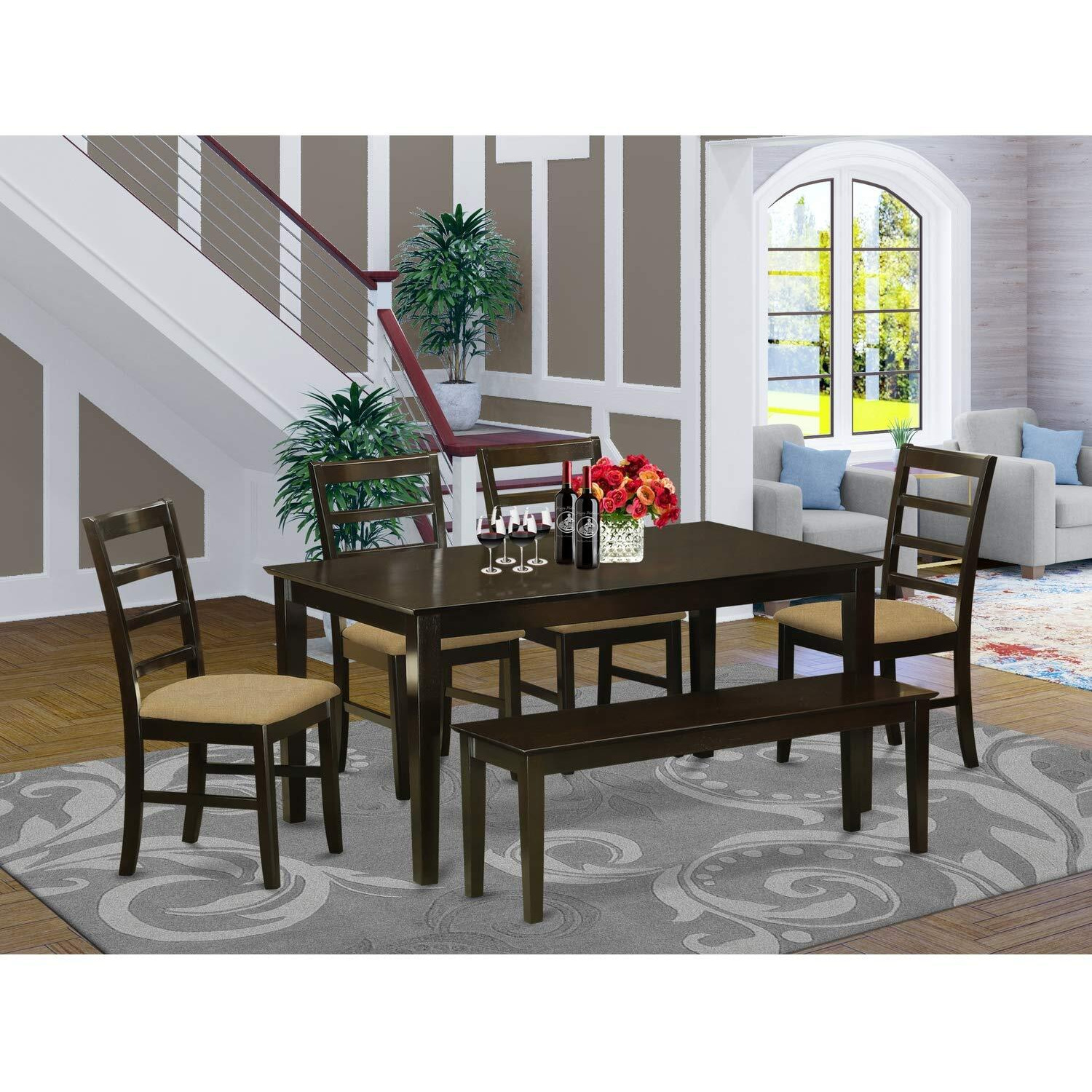 East West Furniture Capf6-Cap-C 6 Piece Set Contains A Rectangle Kitchen Table And 4 Linen Fabric Dining Chairs With A Bench  36X60 Inch  Cappuccino