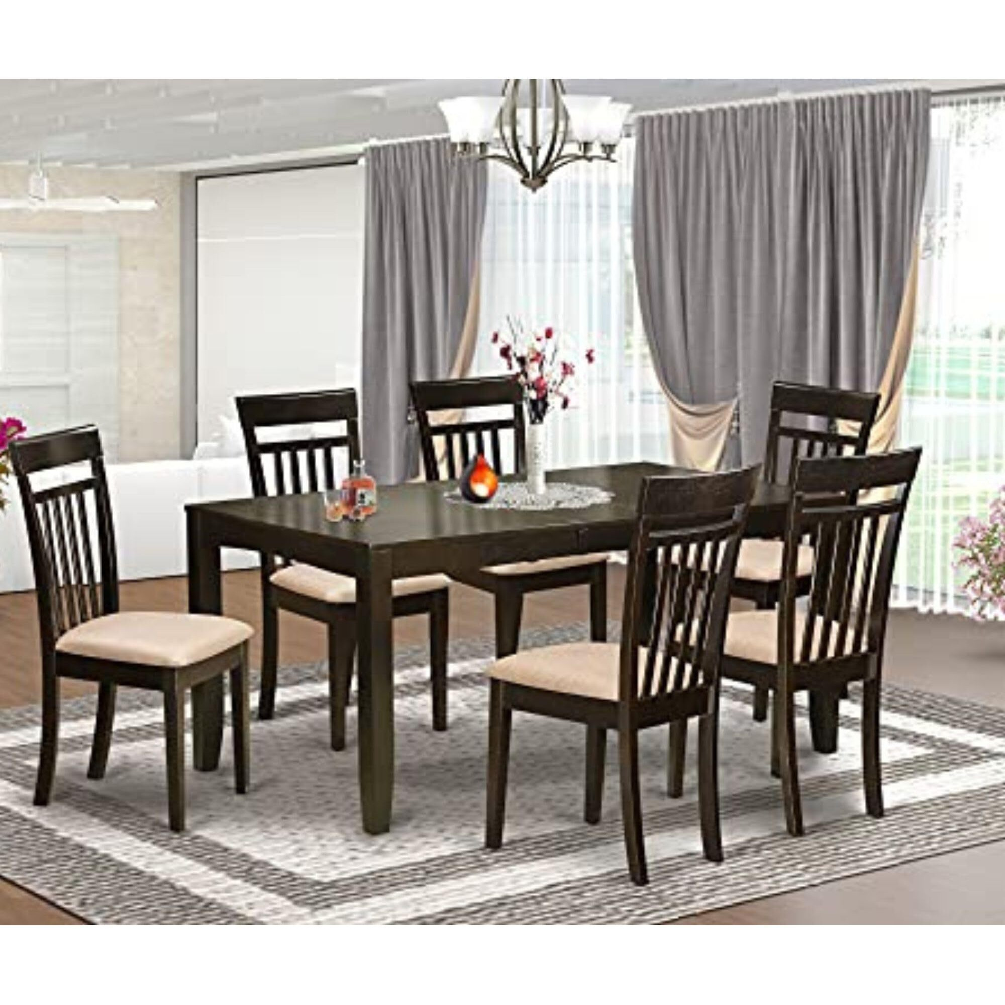 East West Furniture Lyca7-Cap-C Lynfield 7 Piece Room Set Consist Of A Rectangle Wooden Table With Butterfly Leaf And 6 Linen Fabric Kitchen Dining Chairs  36X66 Inch  Cappuccino