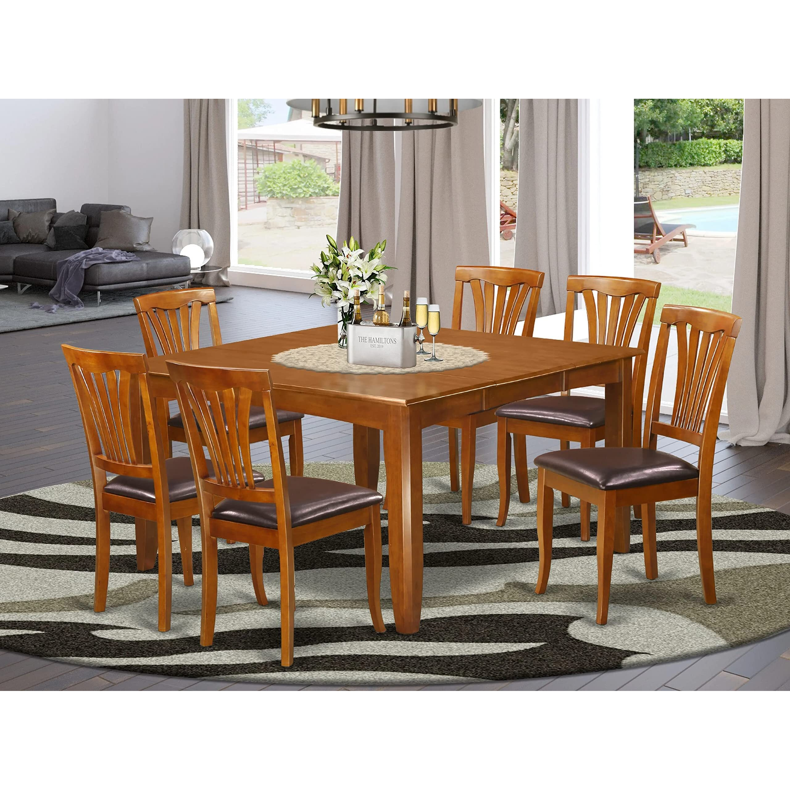 East West Furniture Pfav7-Sbr-Lc 7 Piece Dining Table Set Consist Of A Square Dining Room Table With Butterfly Leaf And 6 Faux Leather Upholstered Chairs  54X54 Inch  Saddle Brown