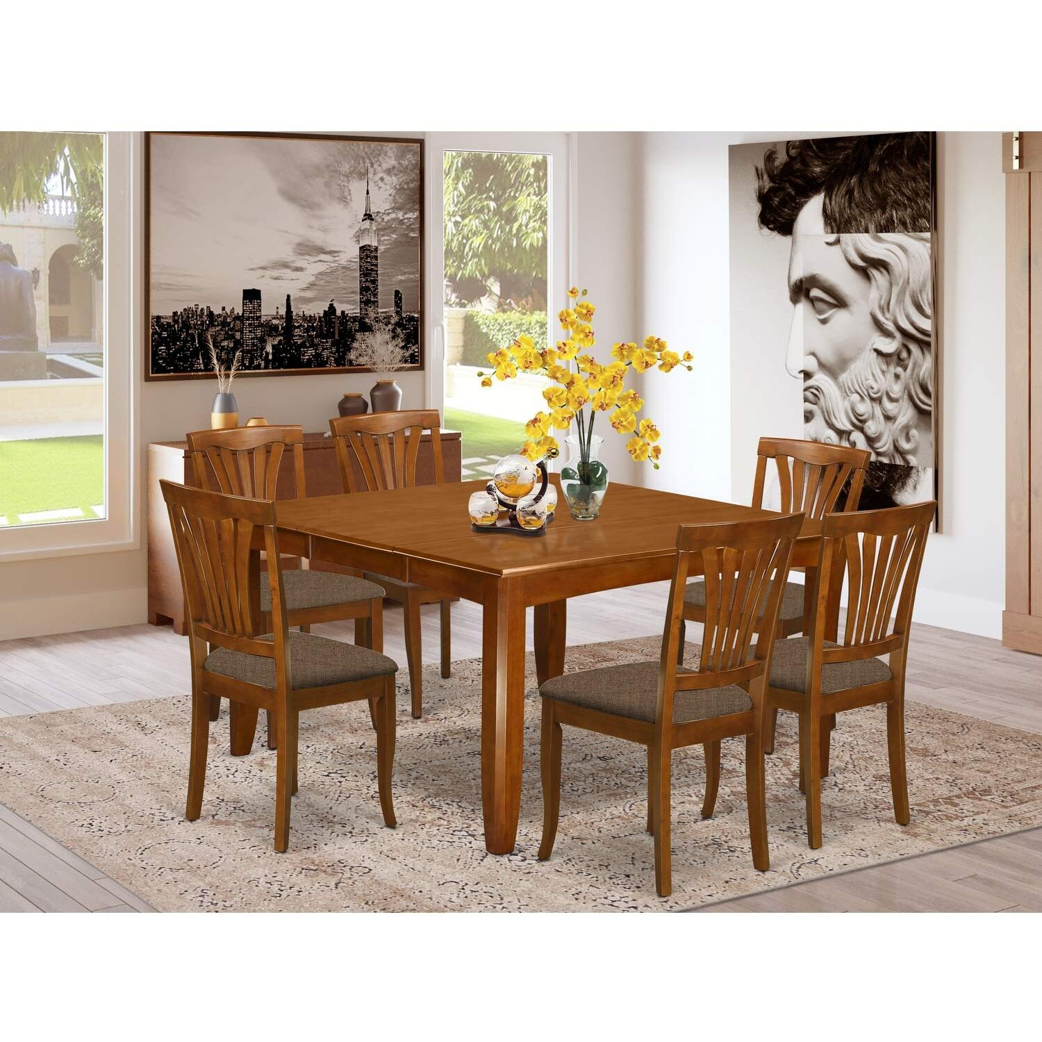 East West Furniture Pfav7-Sbr-C 7 Piece Kitchen Table & Chairs Set Consist Of A Square Dining Room Table With Butterfly Leaf And 6 Linen Fabric Dining Chairs  54X54 Inch  Saddle Brown