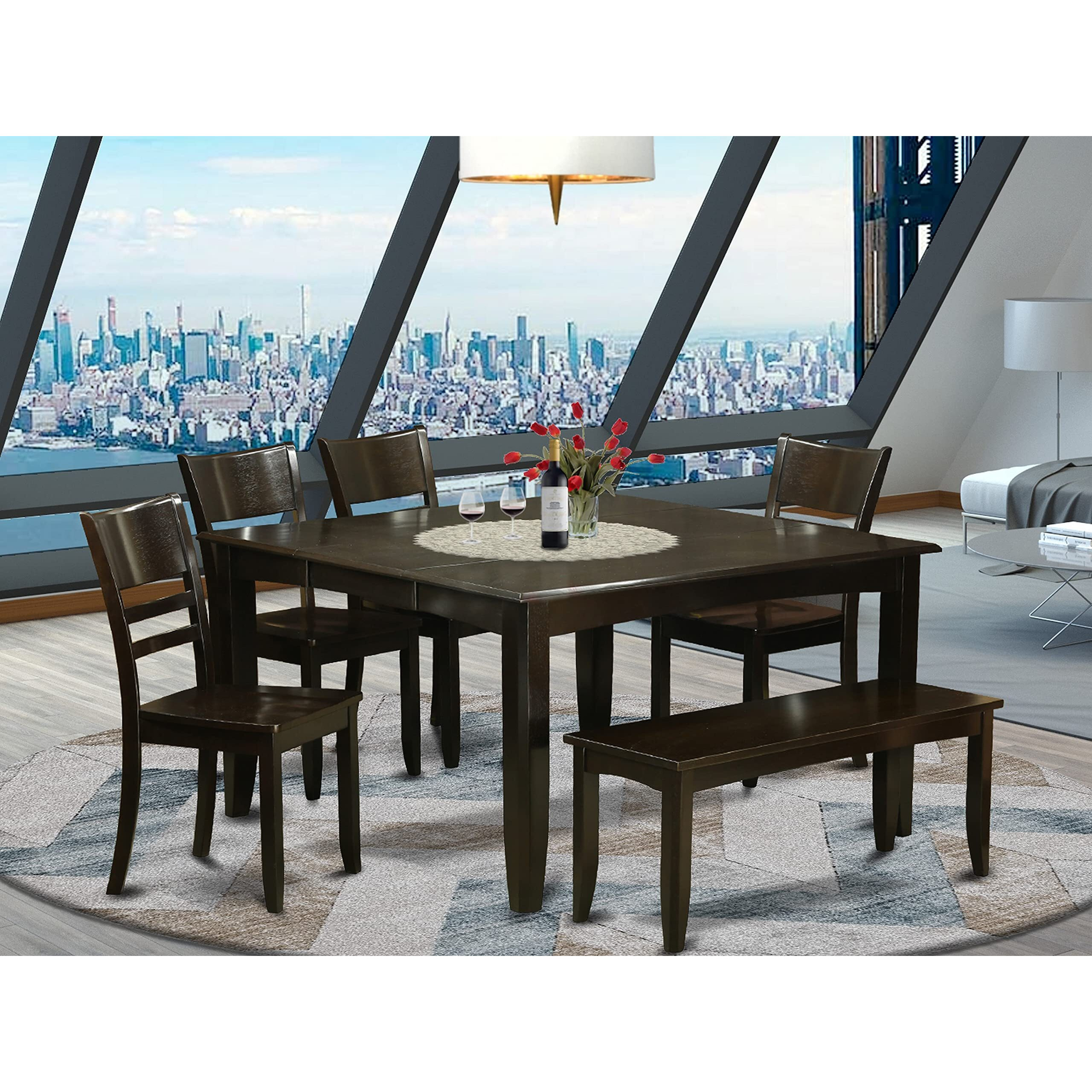 East West Furniture Pfly6-Cap-W 6 Piece Dining Set Contains A Square Dining Room Table With Butterfly Leaf And 4 Kitchen Chairs With A Bench  54X54 Inch  Cappuccino