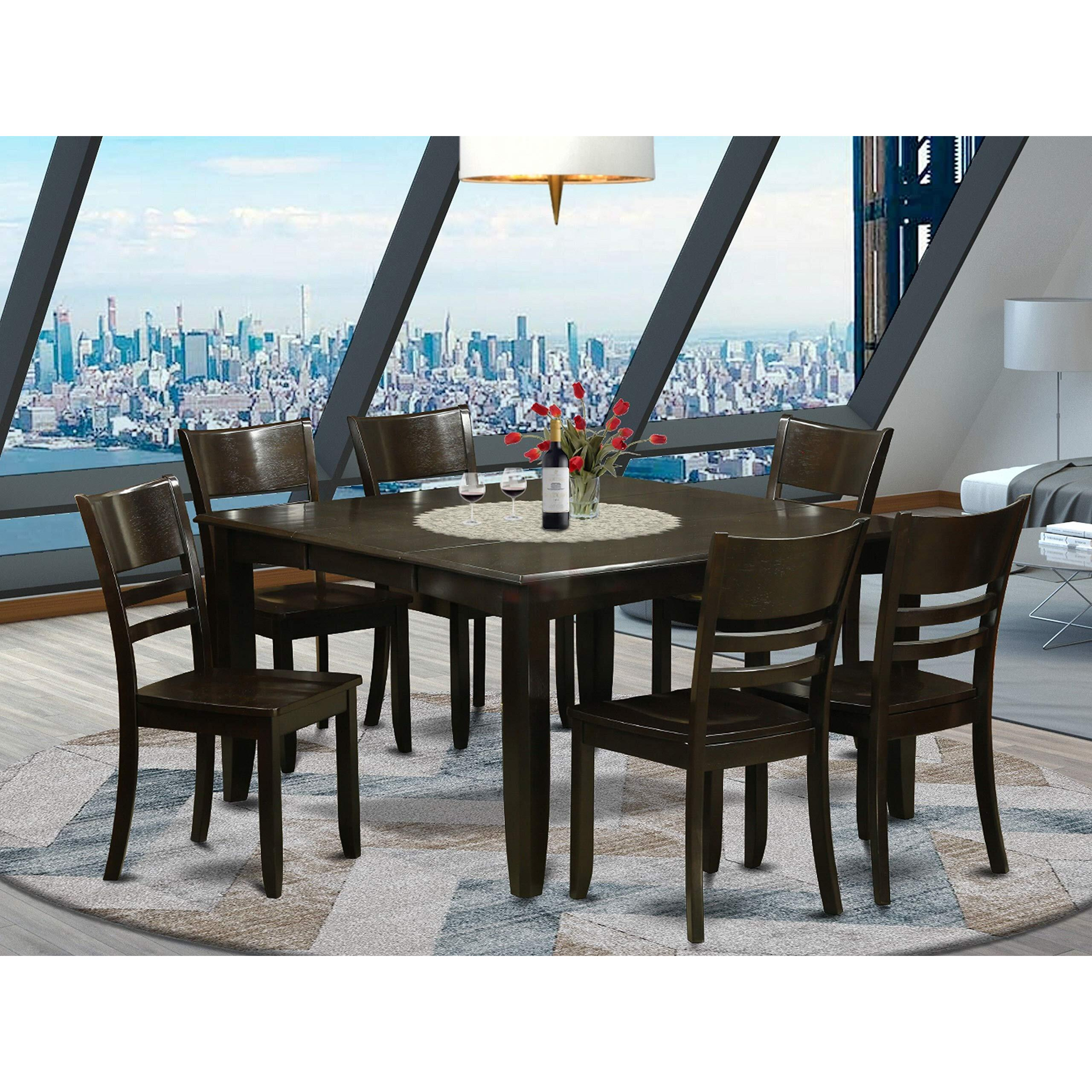East West Furniture Pfly7-Cap-W 7 Piece Kitchen Table & Chairs Set Consist Of A Square Dining Room Table With Butterfly Leaf And 6 Solid Wood Seat Chairs  54X54 Inch  Cappuccino