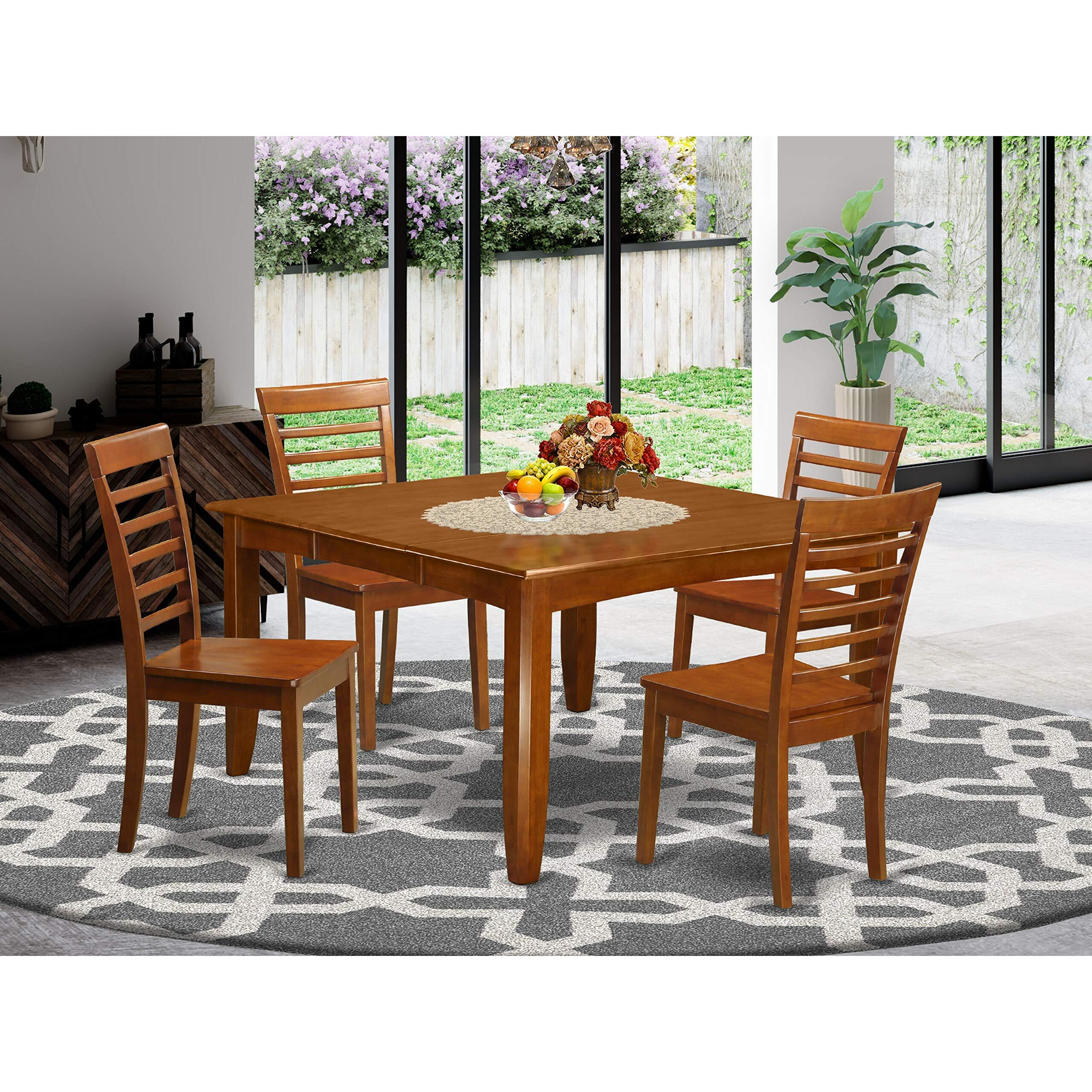 East West Furniture Pfml5-Sbr-W 5 Piece Dining Table Set For 4 Includes A Square Kitchen Table With Butterfly Leaf And 4 Dining Room Chairs  54X54 Inch  Saddle Brown