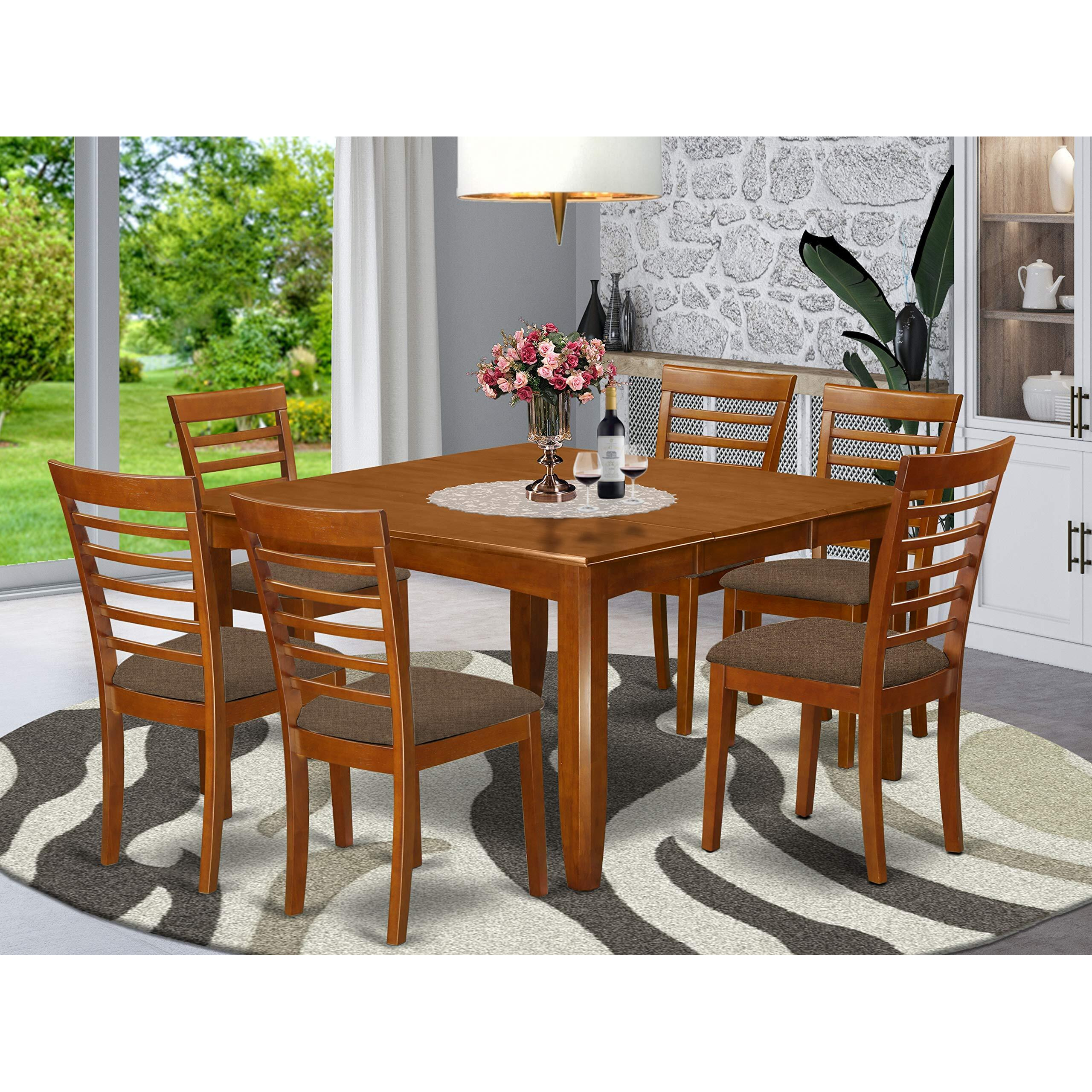 East West Furniture Pfml7-Sbr-C 7 Piece Dining Table Set Consist Of A Square Dining Room Table With Butterfly Leaf And 6 Linen Fabric Upholstered Chairs  54X54 Inch  Saddle Brown