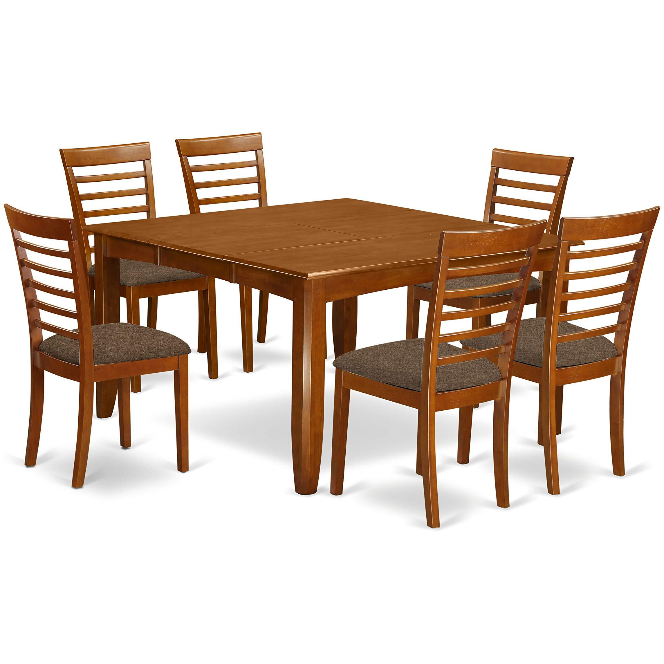 East West Furniture Pfml7-Sbr-C 7 Piece Dining Table Set Consist Of A Square Dining Room Table With Butterfly Leaf And 6 Linen Fabric Upholstered Chairs  54X54 Inch  Saddle Brown