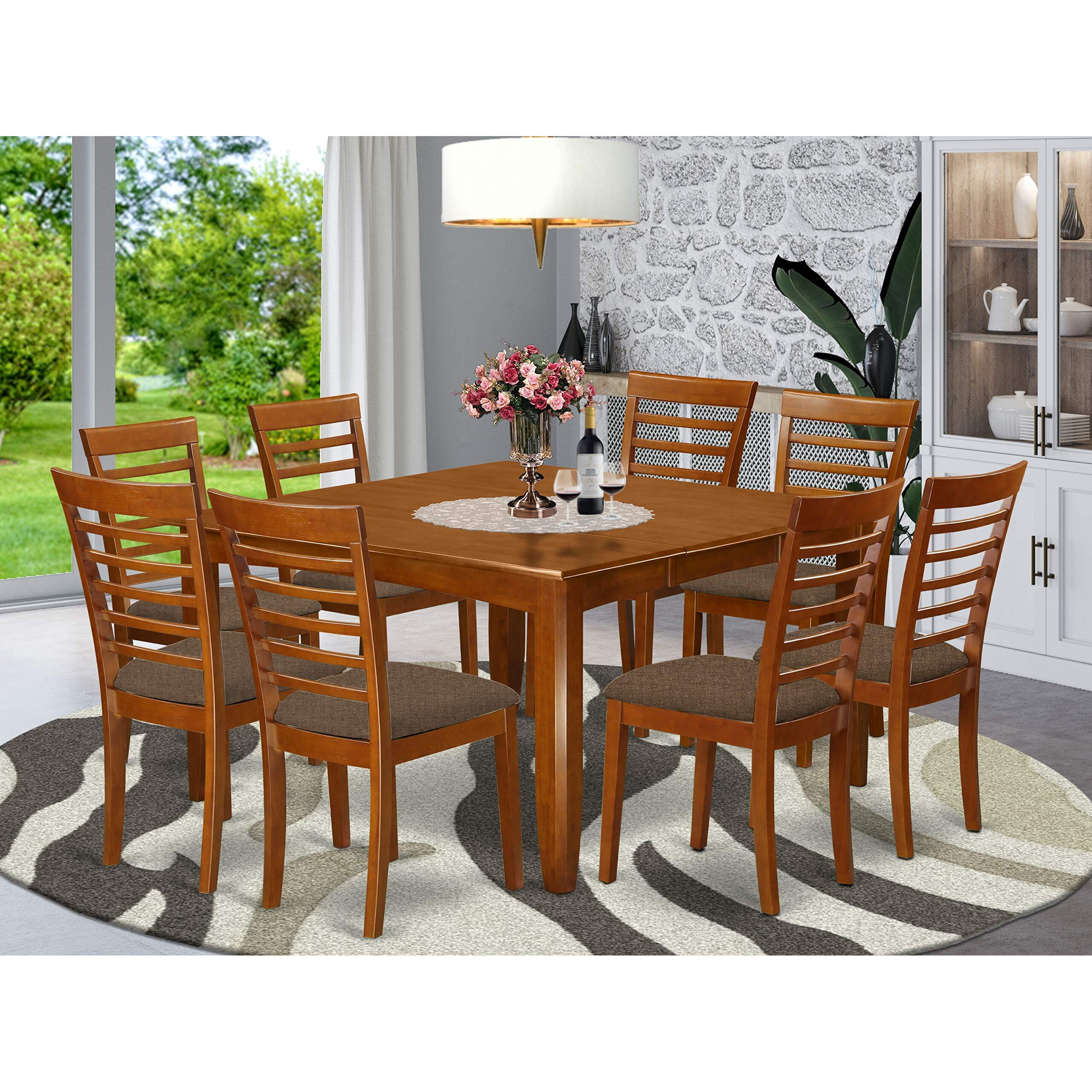 East West Furniture Pfml9-Sbr-C 9 Piece Kitchen Table & Chairs Set Includes A Square Dining Table With Butterfly Leaf And 8 Linen Fabric Dining Room Chairs  54X54 Inch  Saddle Brown