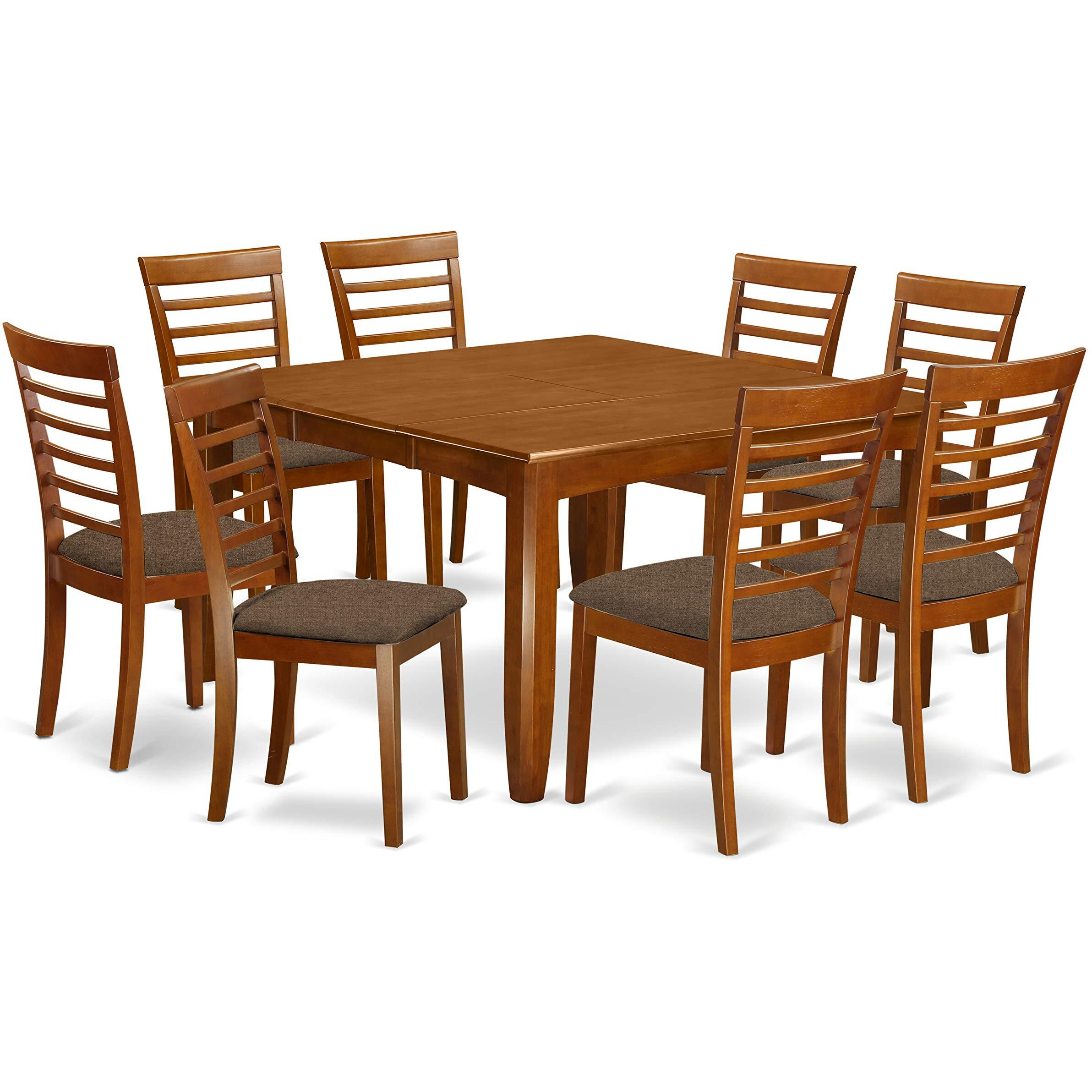 East West Furniture Pfml9-Sbr-C 9 Piece Kitchen Table & Chairs Set Includes A Square Dining Table With Butterfly Leaf And 8 Linen Fabric Dining Room Chairs  54X54 Inch  Saddle Brown