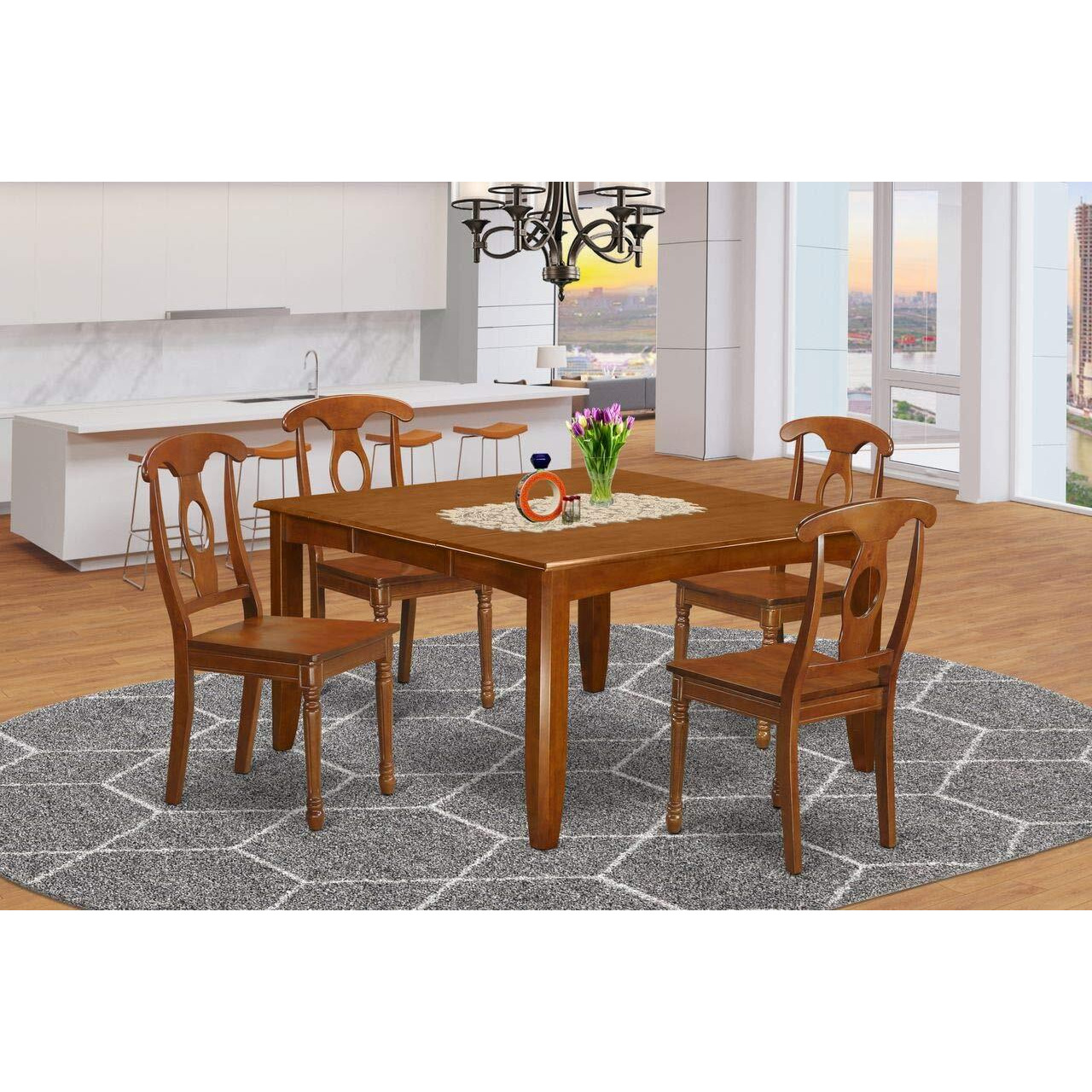 East West Furniture Pfna5-Sbr-W 5 Piece Dinette Set For 4 Includes A Square Dining Room Table With Butterfly Leaf And 4 Dining Chairs  54X54 Inch  Saddle Brown