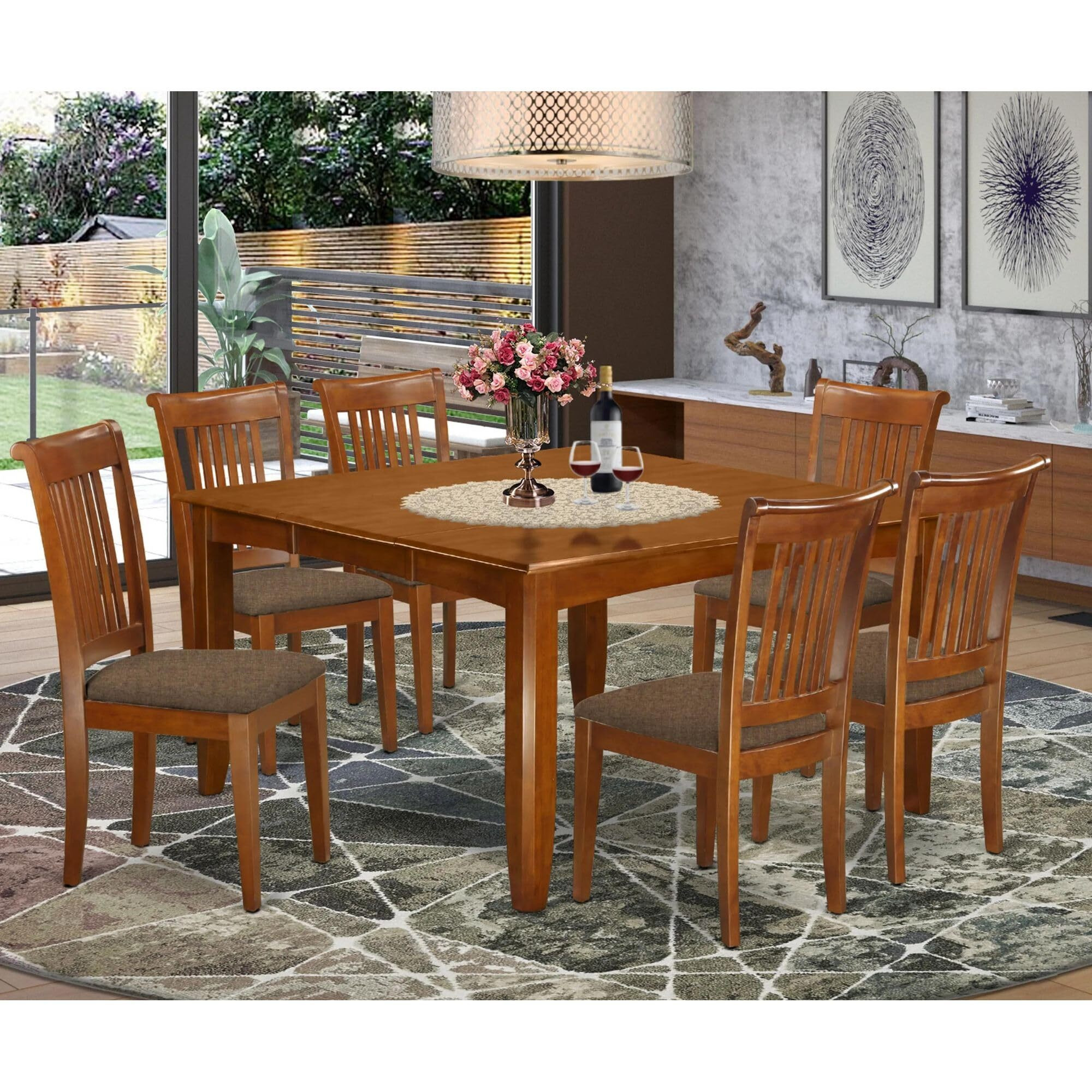 East West Furniture Pfpo7-Sbr-C 7 Piece Room Set Consist Of A Square Wooden Table With Butterfly Leaf And 6 Linen Fabric Kitchen Dining Chairs  54X54 Inch