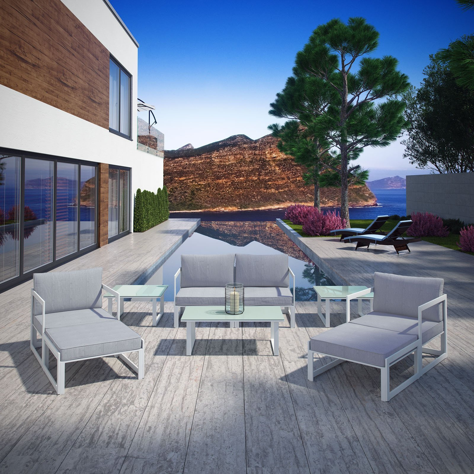 Modway Fortuna 9 Piece Outdoor Patio Sectional Sofa Set In White Gray