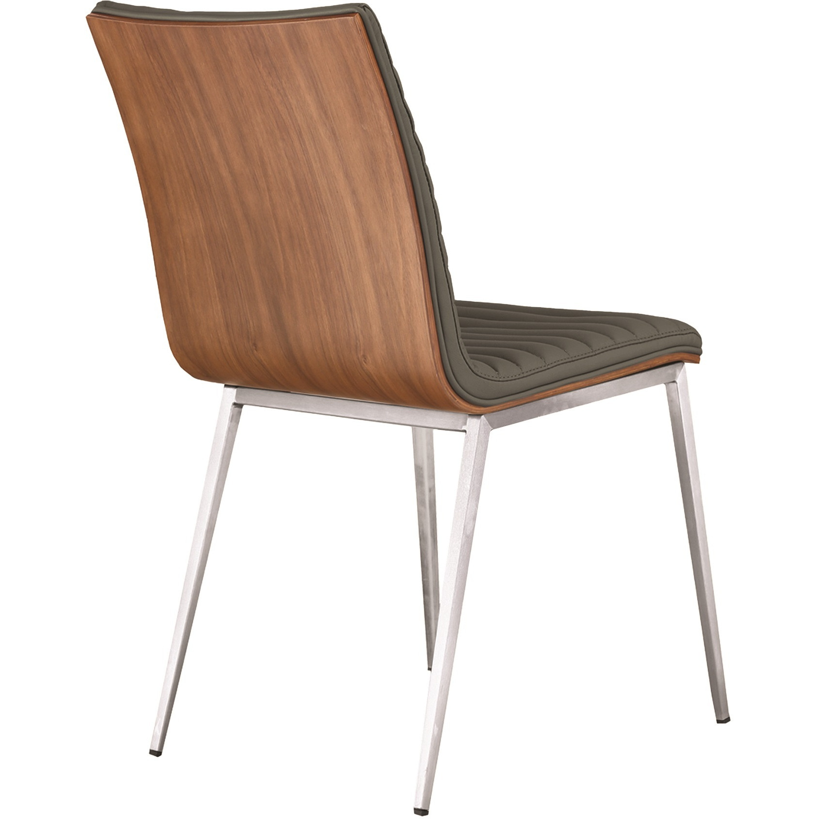 Armen Living Caf Brushed Stainless Steel Dining Chair In Gray Faux Leather With Walnut Back - Set Of 2