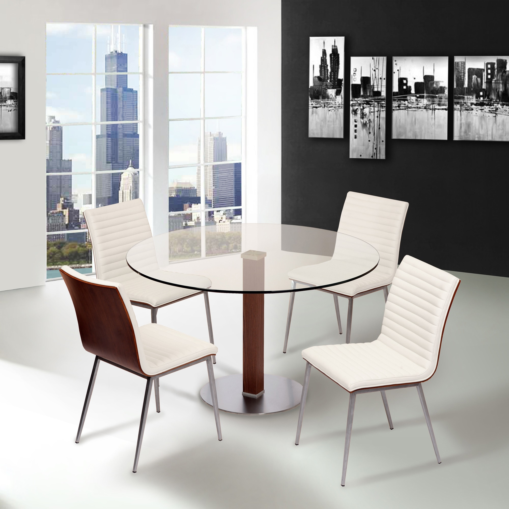 Armen Living Caf Brushed Stainless Steel Dining Chair In White Faux Leather With Walnut Back - Set Of 2