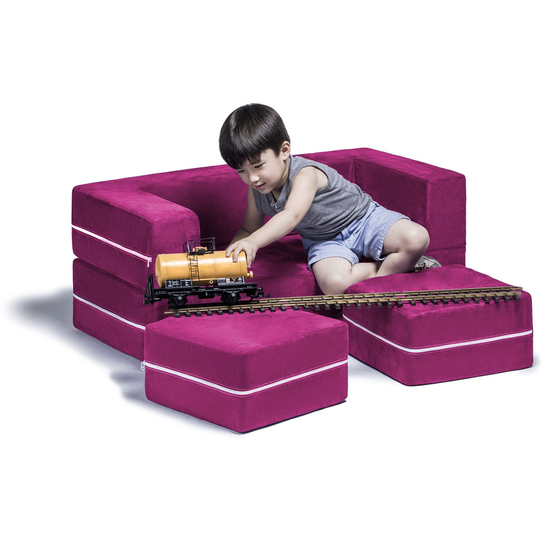 Jaxx Zipline Modular Kids Loveseat & Ottomans  Fuchsia