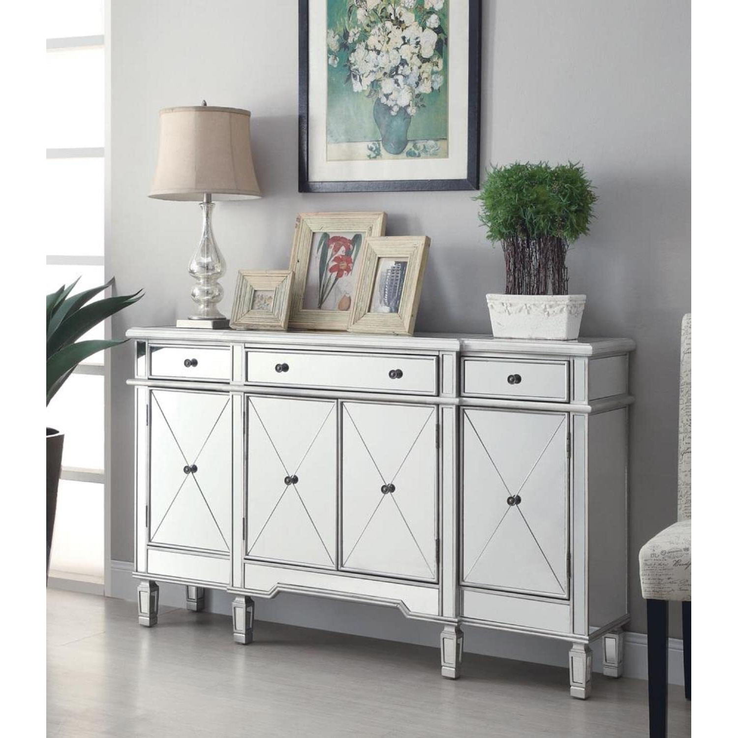Transitional Mirror And Silver Wine Cabinet