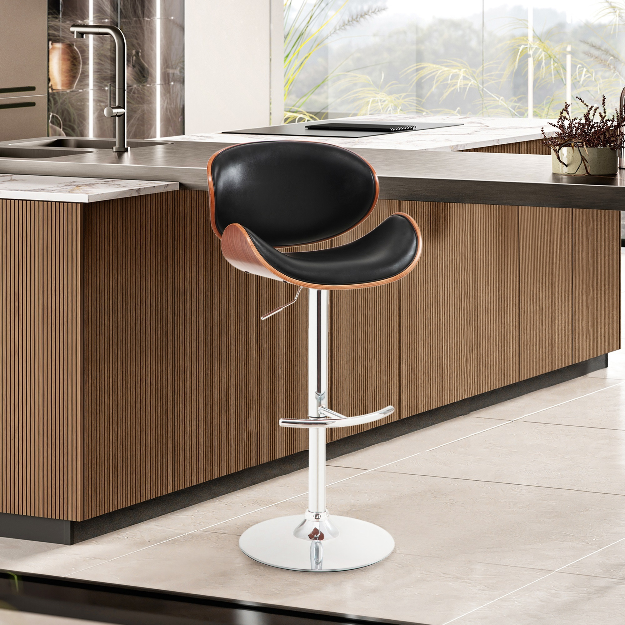 Armen Living Naples Swivel Barstool In Chrome Finish With Black Faux Leather And Walnut Veneer Back