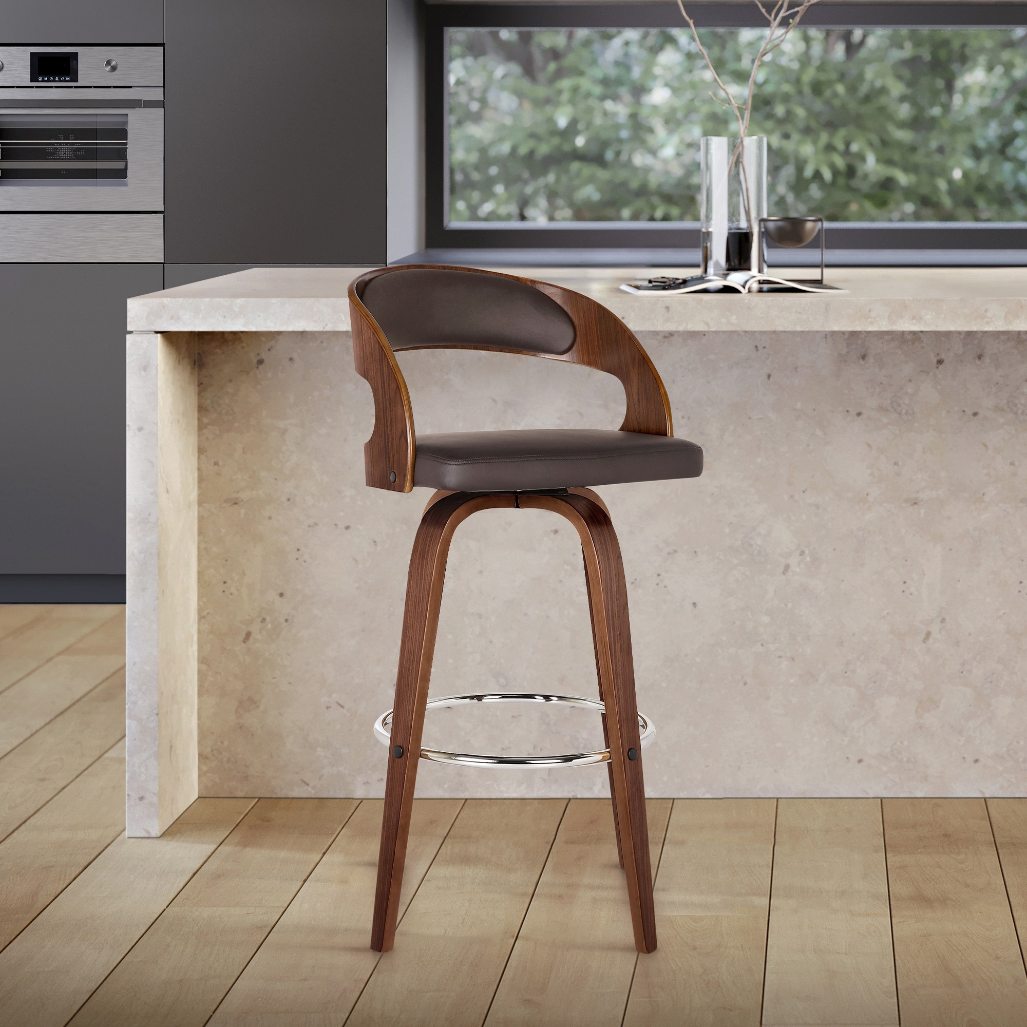 Armen Living Shelly 26"" Counter Height Barstool In Walnut Wood Finish With Brown Pu