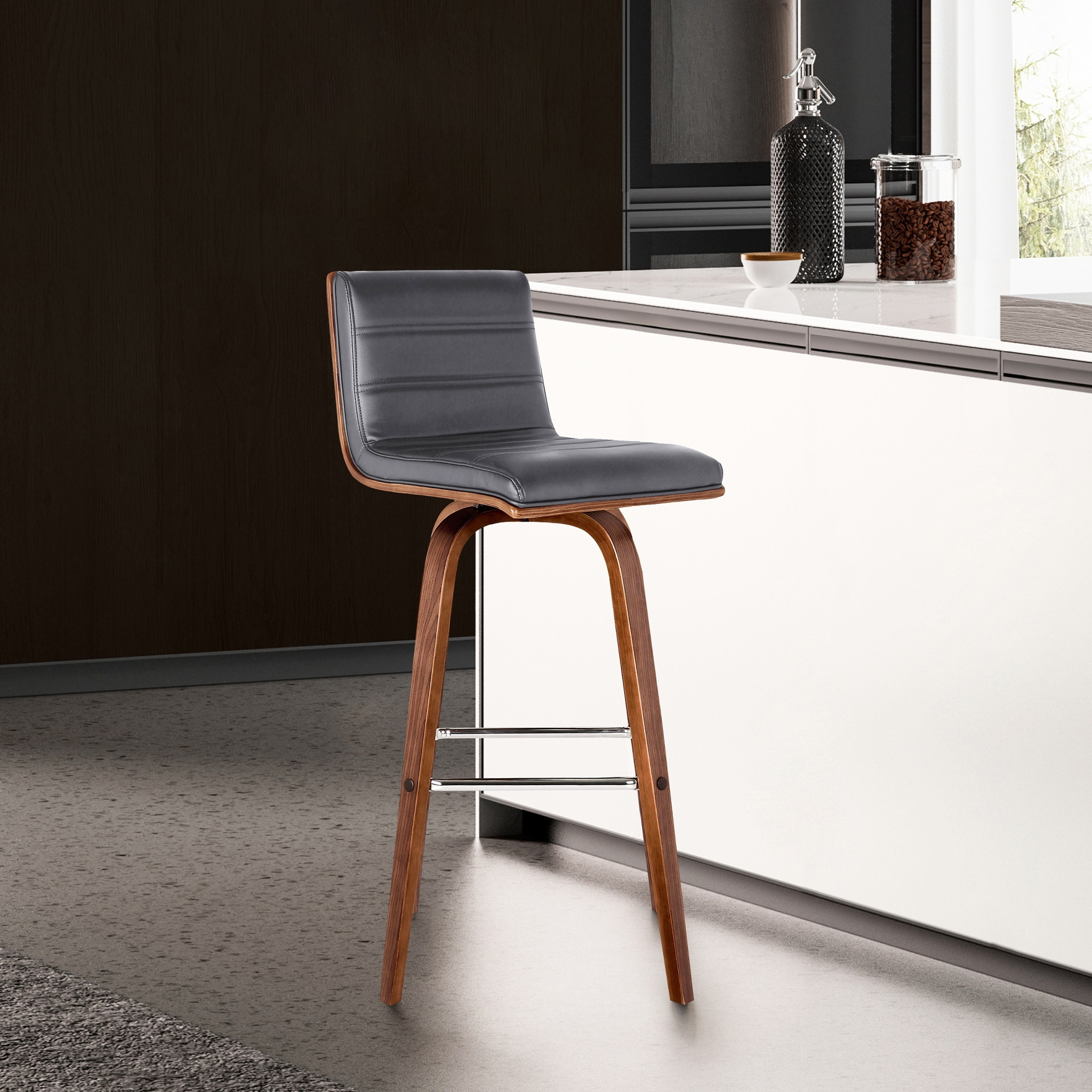 Armen Living Vienna 30"" Bar Height Barstool In Walnut Wood Finish With Grey Faux Leather