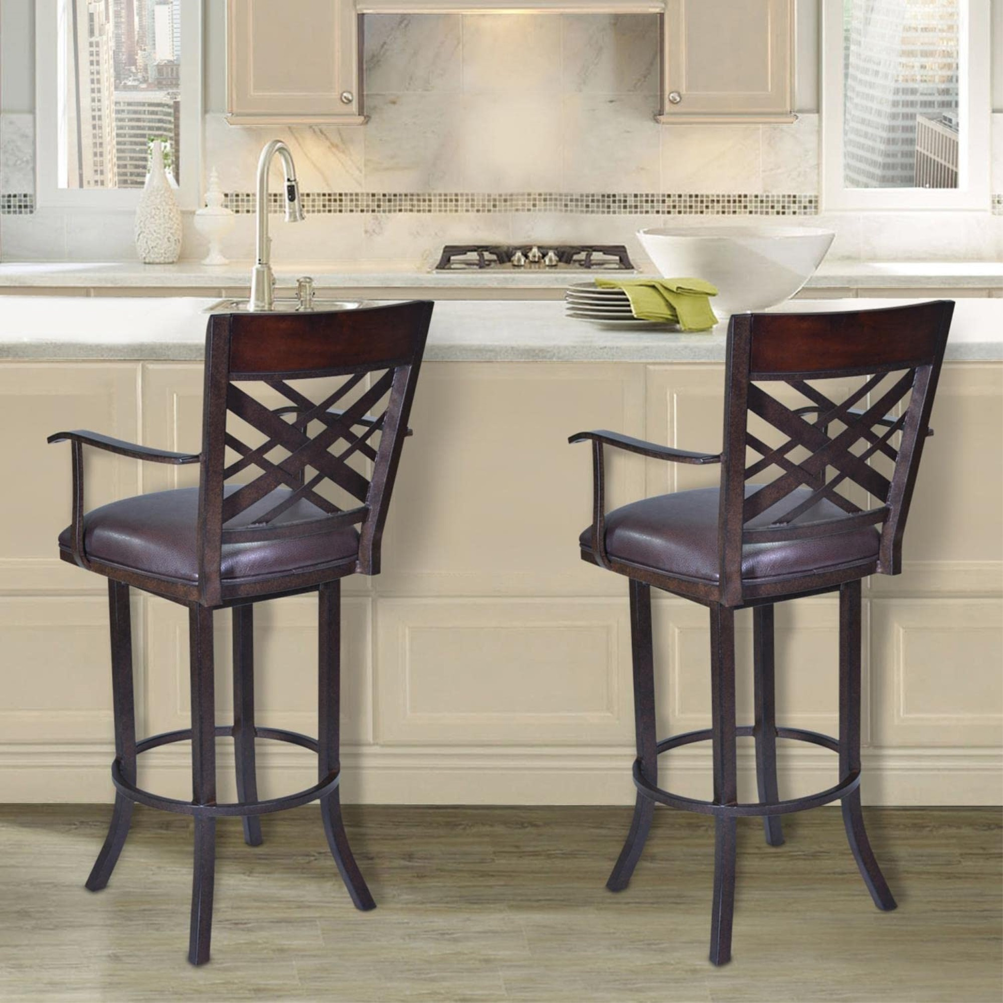 Tahiti  26"" Arm Barstool In Auburn Bay Finish With Brown Pu Upholstery
