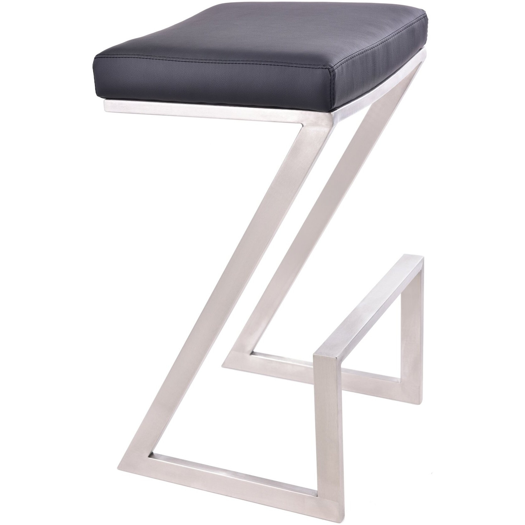 Armen Living Atlantis 26"" Counter Height Barstool In Black Faux Leather And Brushed Stainless Steel Finish