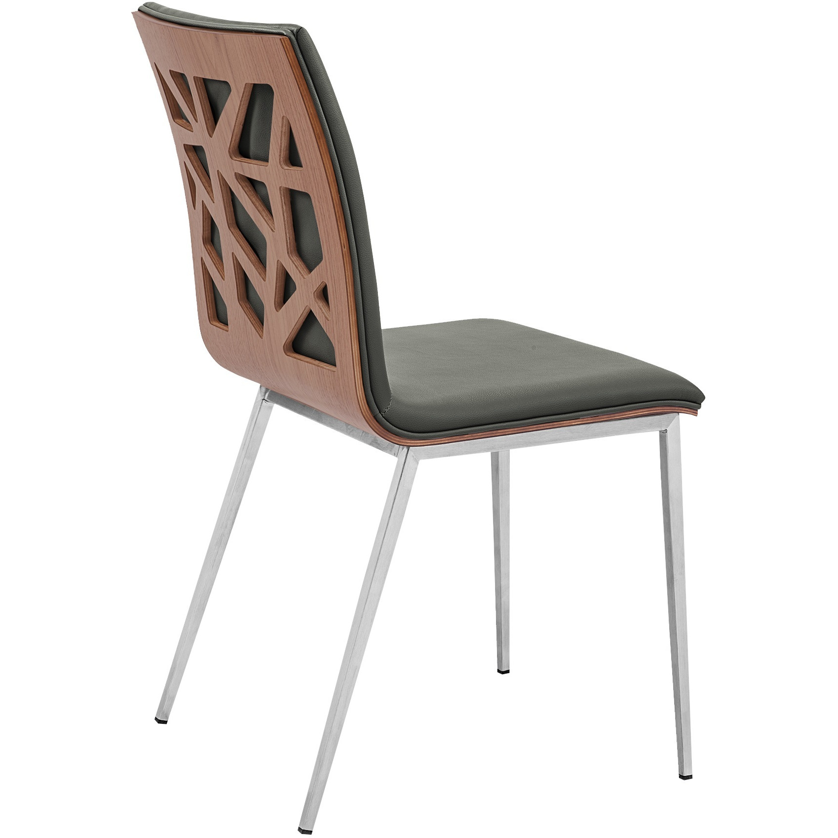 Armen Living Crystal Dining Chair In Brushed Stainless Steel Finish With Grey Faux Leather And Walnut Back - Set Of 2