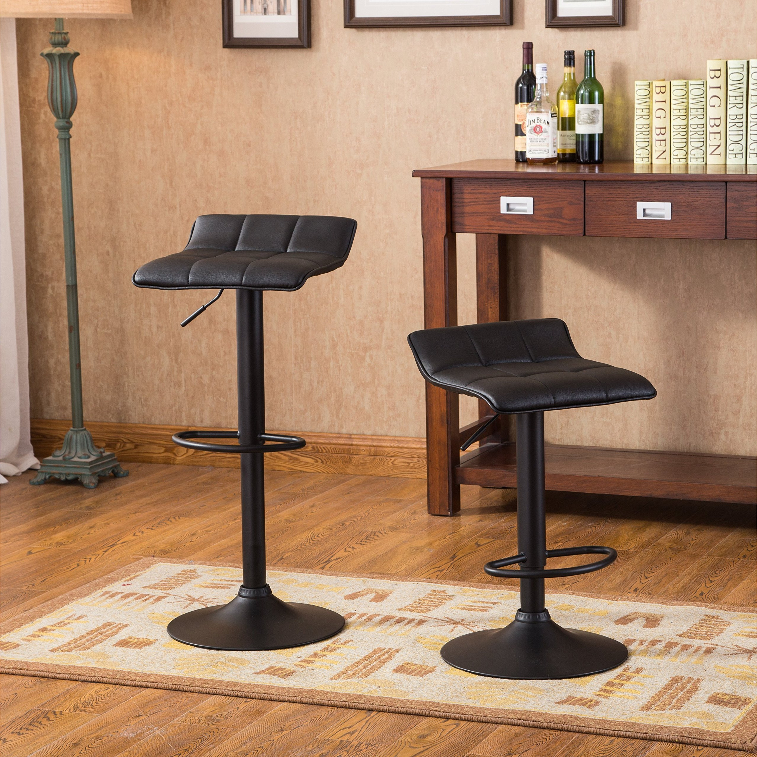 Roundhill Furniture Belham Swivel Black Bonded Leather Adjustable Bar Stool. Set Of 2