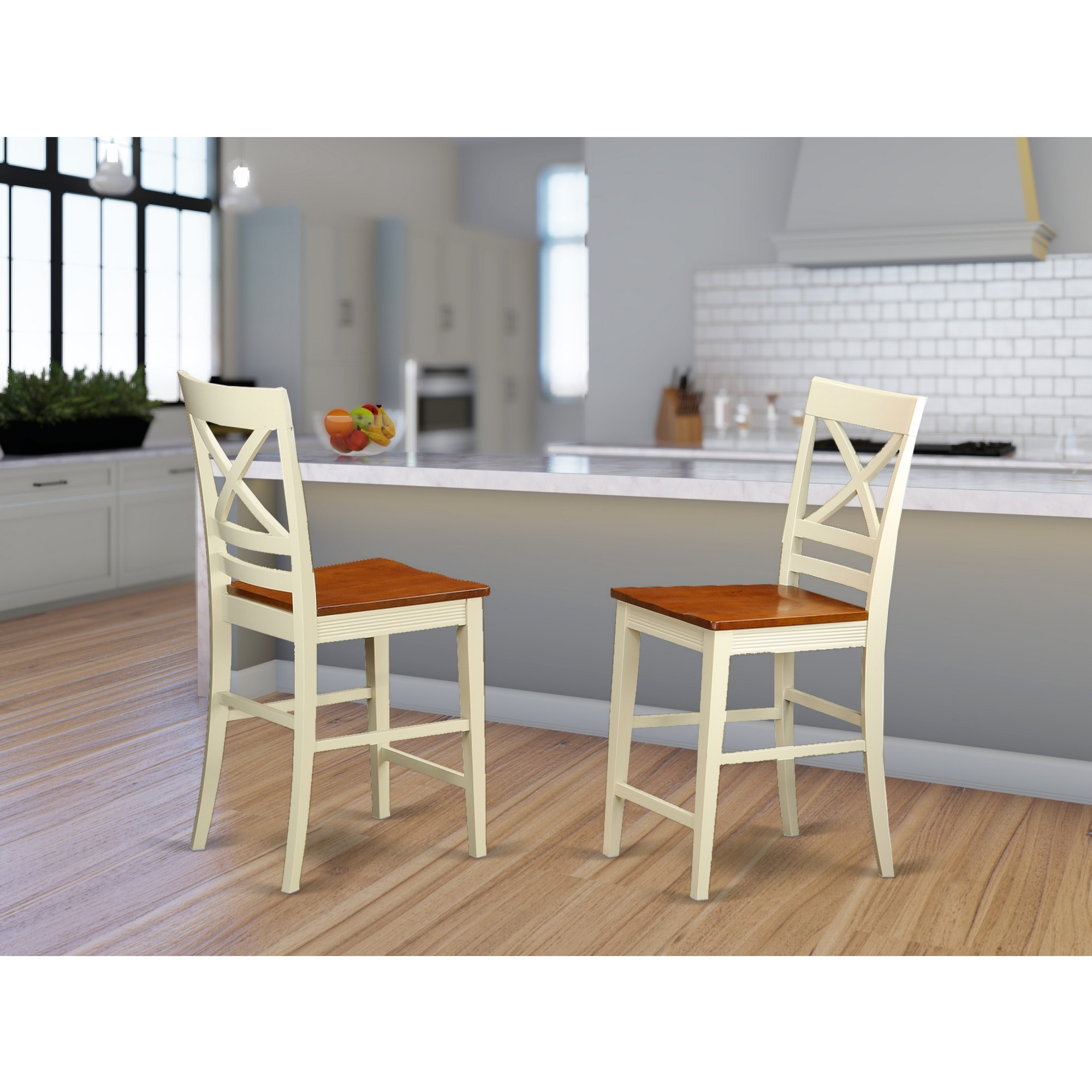 Quincy  Counter  Height  Stools  With  X-Back  In  Buttermilk  And  Cherry  Finish   Set  Of  2