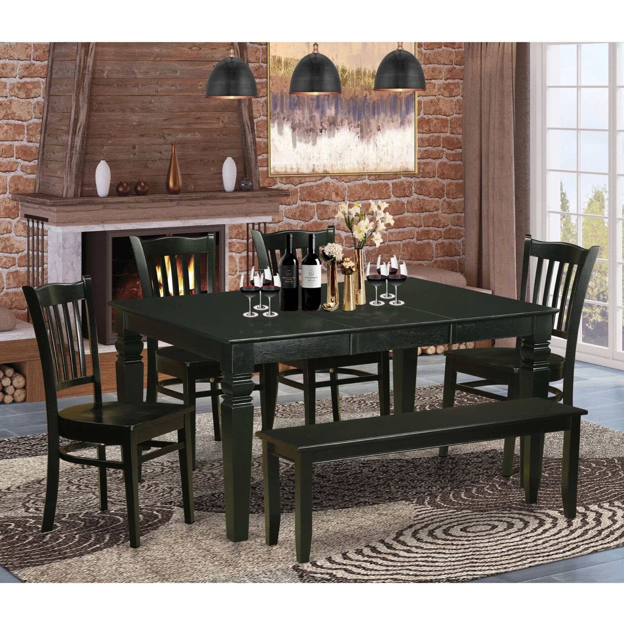 East West Furniture Wegr6D-Blk-W 6 Piece Kitchen Table Set Contains A Rectangle Dining Table With Butterfly Leaf And 4 Dining Chairs With A Bench  42X60 Inch  Black