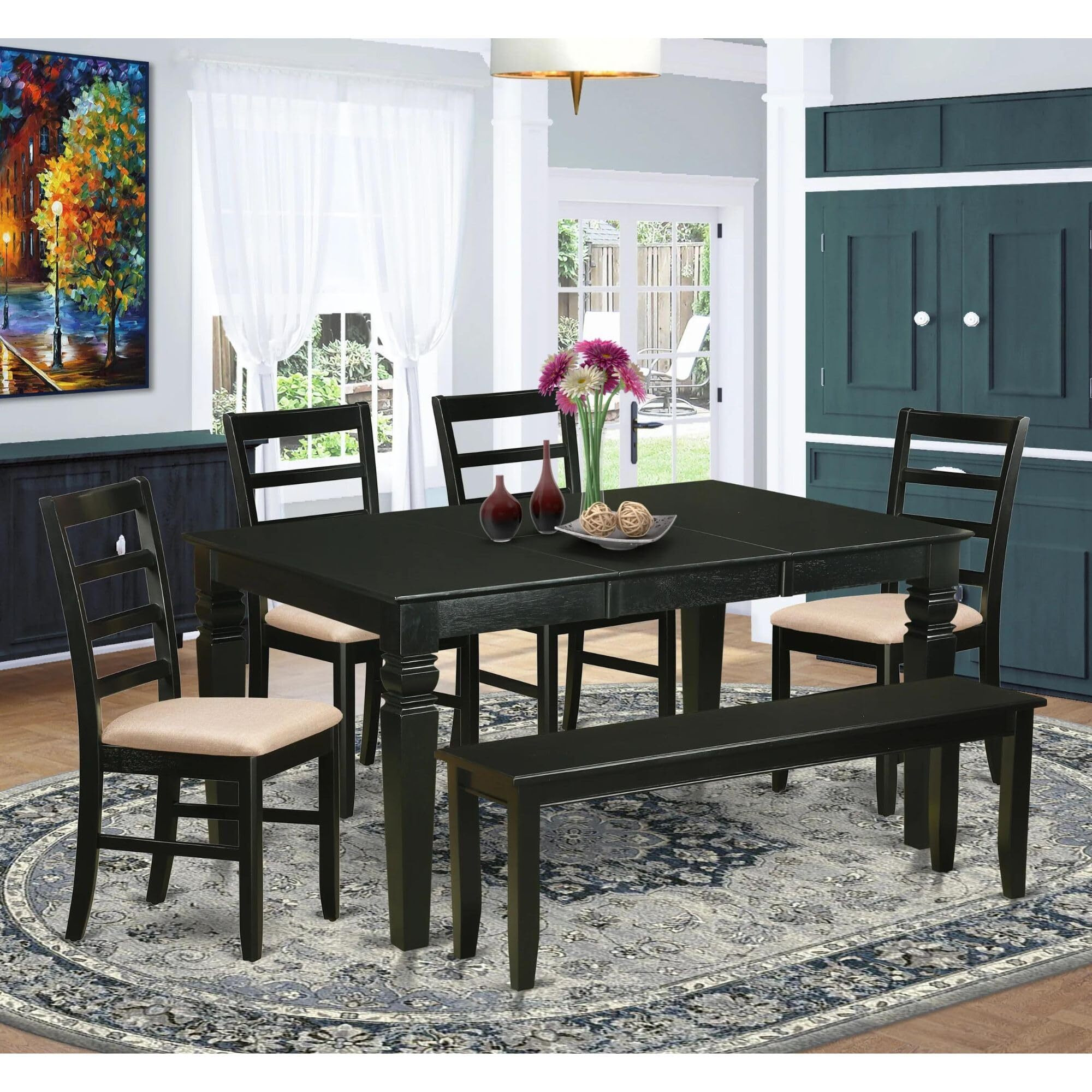 East West Furniture Wepf6D-Blk-C 6 Piece Set Contains A Rectangle Dining Table With Butterfly Leaf And 4 Linen Fabric Upholstered Chairs With A Bench  42X60 Inch  Black
