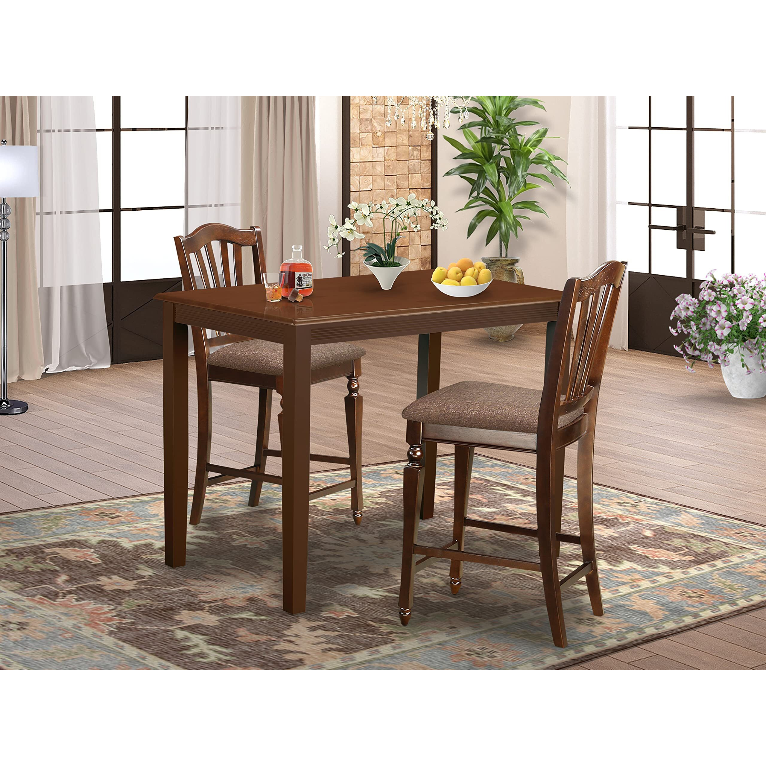 East West Furniture Yach3-Mah-C 3 Piece Kitchen Counter Set For Small Spaces Contains A Rectangle Dining Room Table And 2 Linen Fabric Upholstered Dining Chairs  30X48 Inch  Mahogany