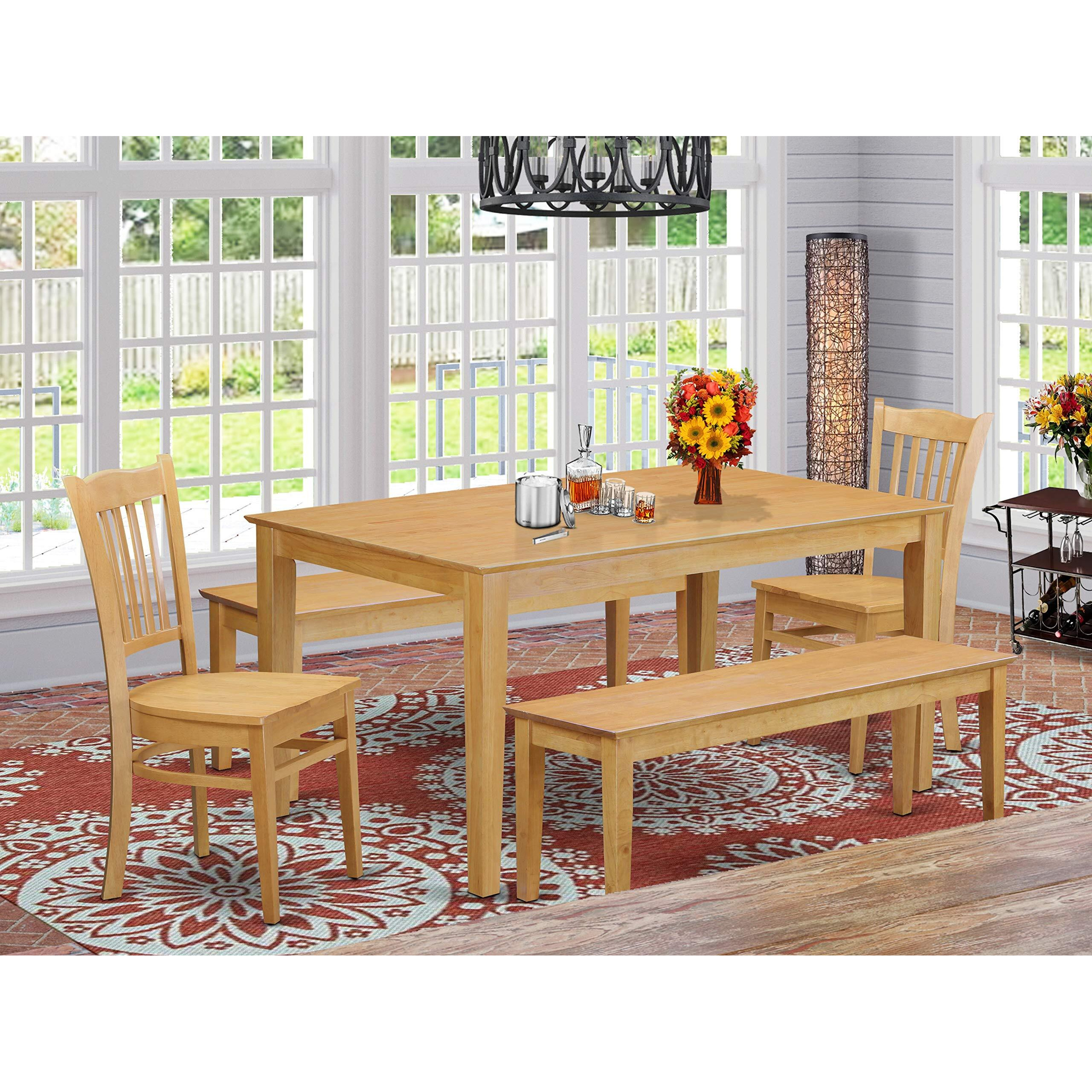 East West Furniture Cagr5C-Oak-W Capri 5 Piece Kitchen Set Includes A Rectangle Room Table And 2 Dining Chairs With 2 Benches  36X60 Inch  Oak