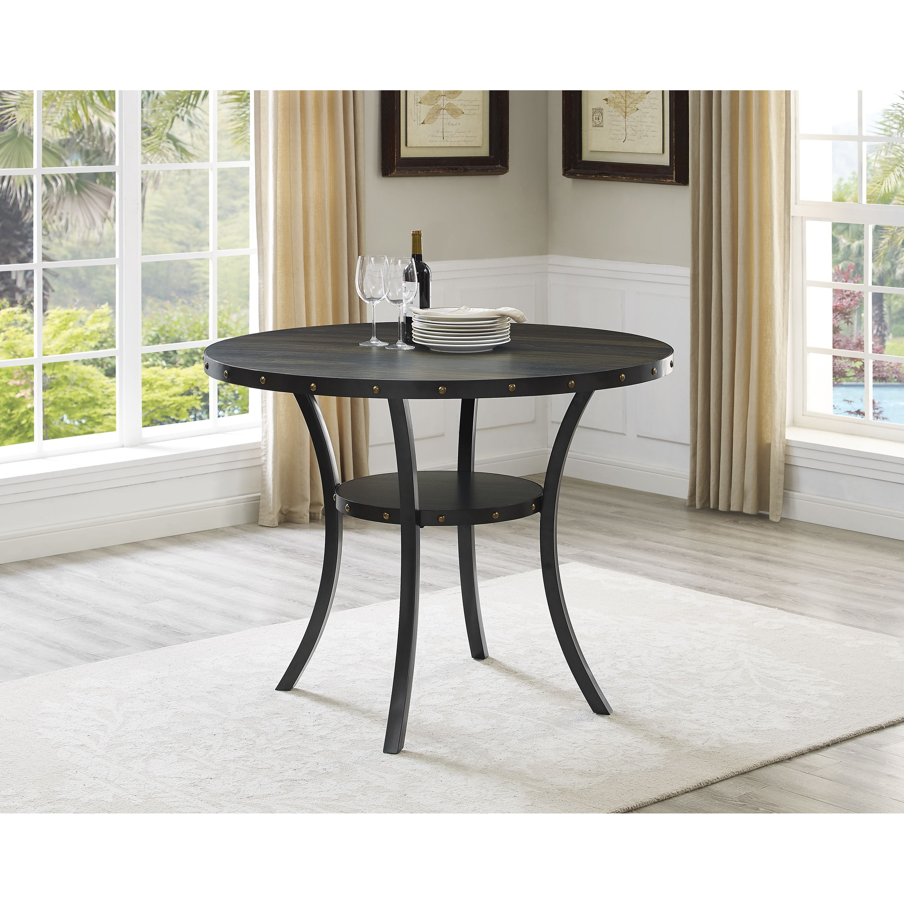 Biony Espresso Wood Counter Height Dining Set With Grey Fabric Nailhead Stools